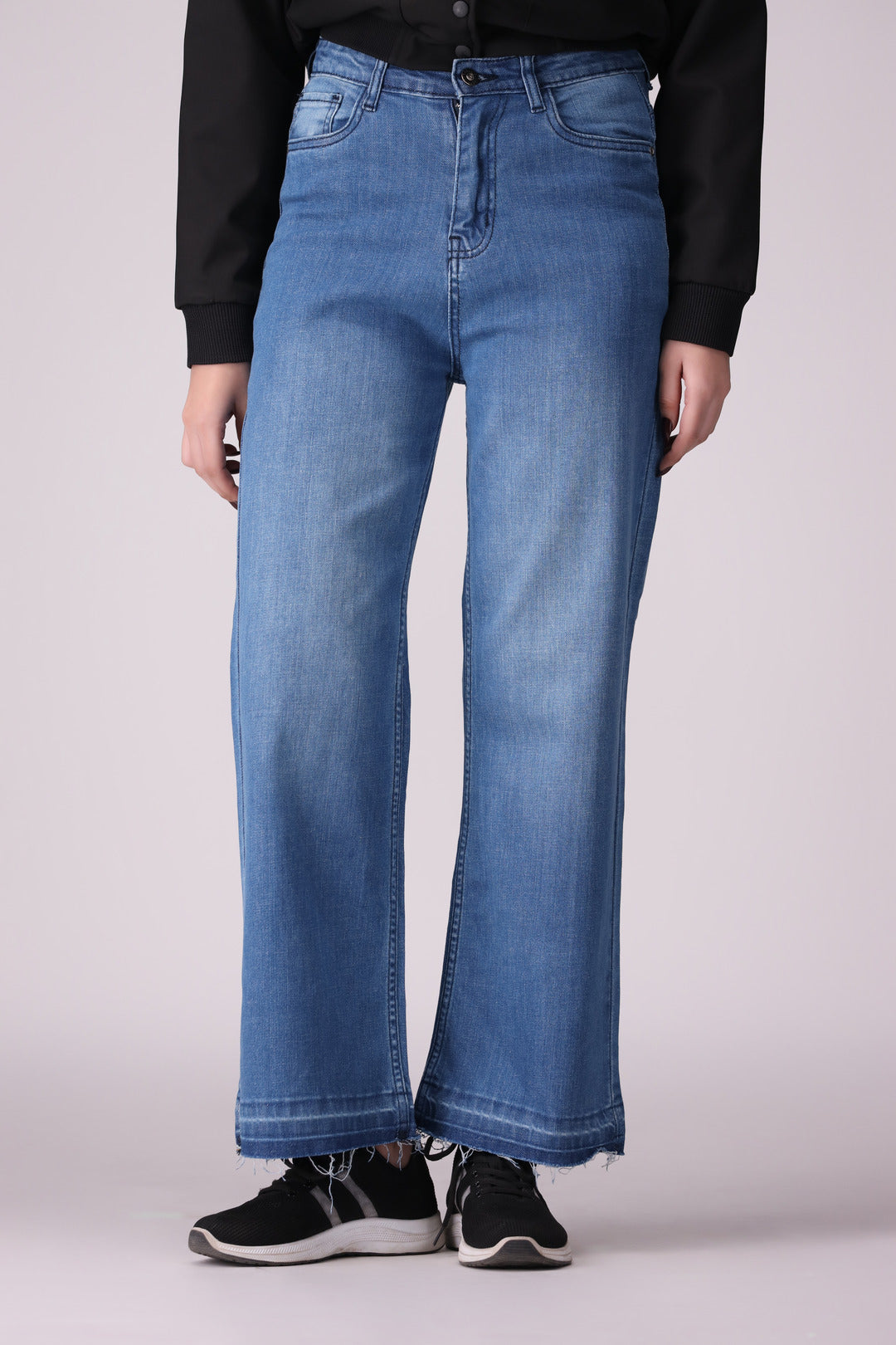 Mid Blue Wide Leg Open Bottom Ladies Jeans, comfort stretch Denim