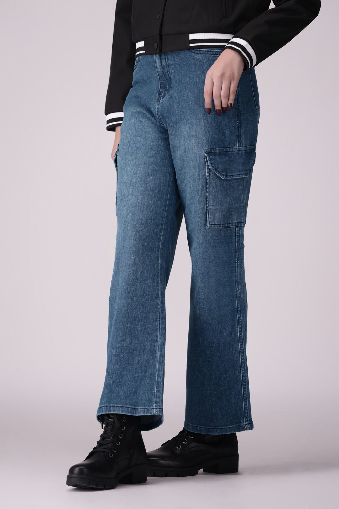 Dark Blue 6 Pockets Wide Leg / baggy Ladies Jeans, comfort stretch Denim