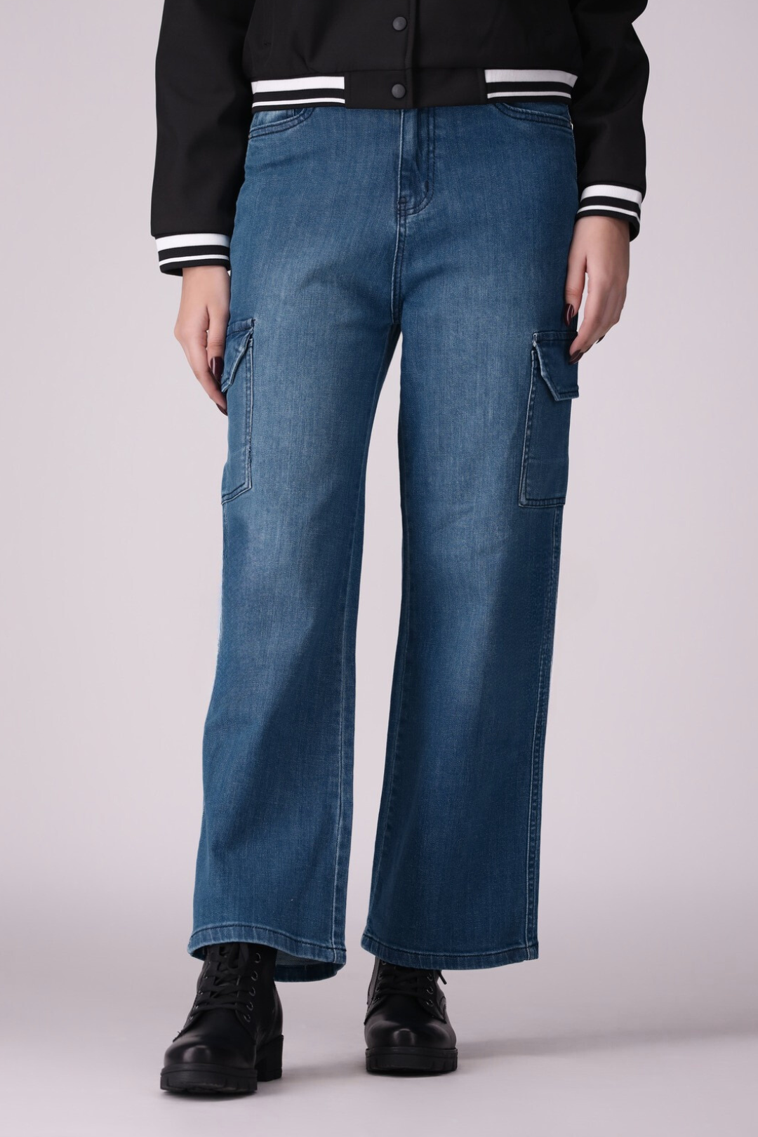 Dark Blue 6 Pockets Wide Leg / baggy Ladies Jeans, comfort stretch Denim