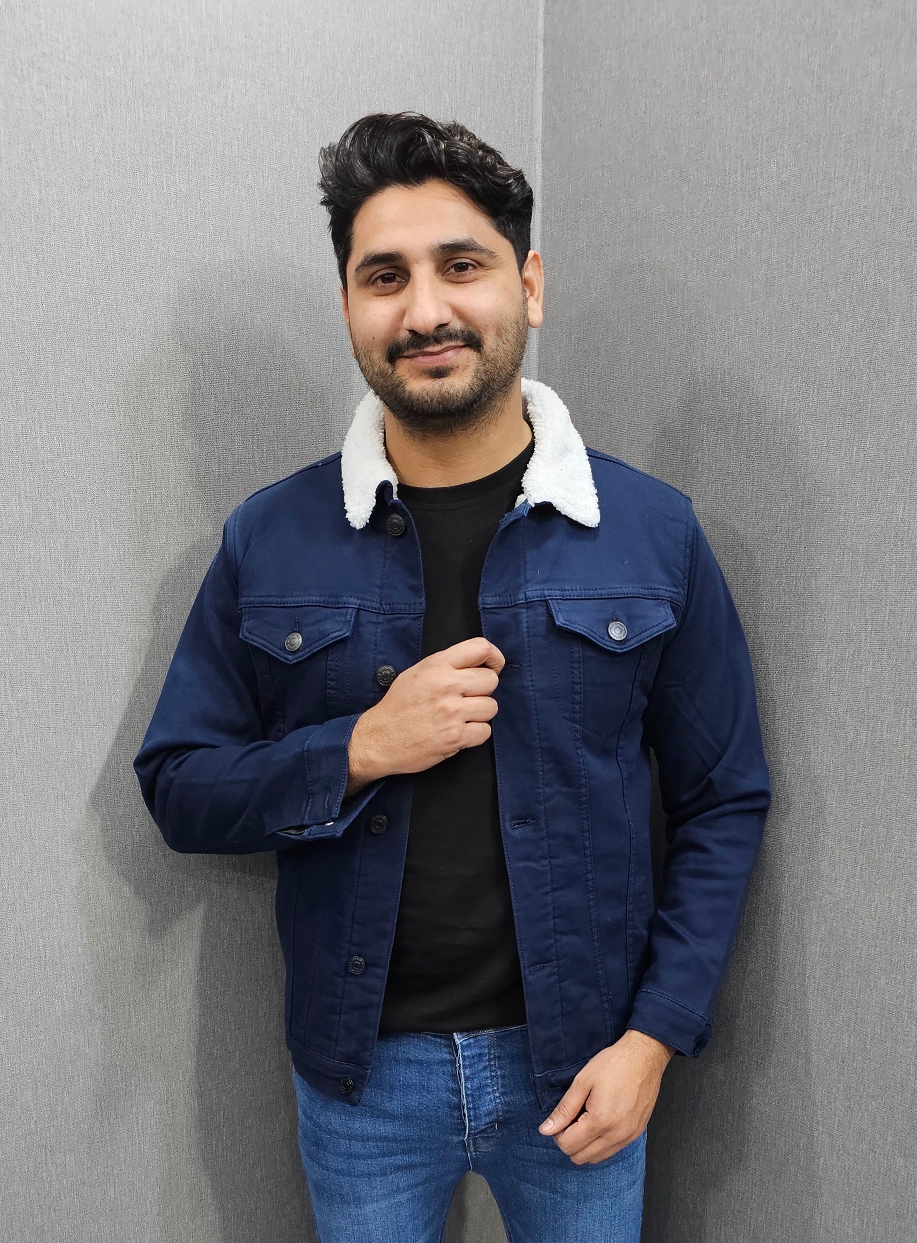 Navy Blue Men Full inside Fur Denim Jackets for Winter