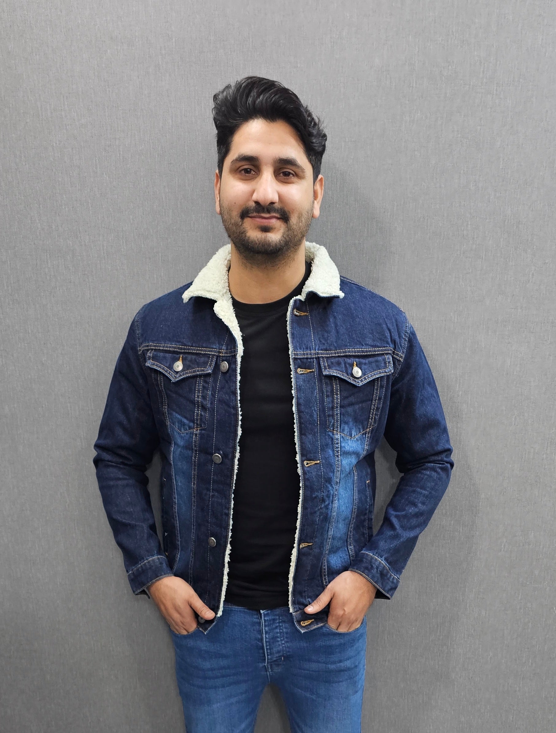 Dark Blue Men Full inside Fur Denim Jackets for Winter