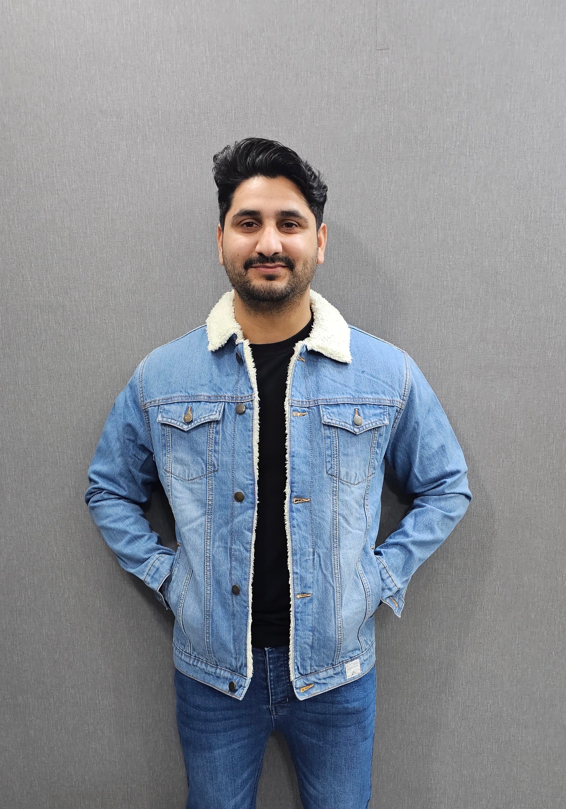 Light Blue Men Full inside Fur Denim Jackets for Winter