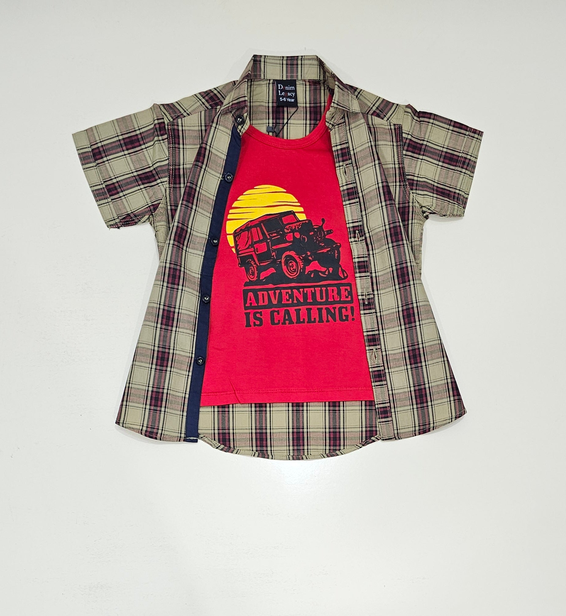 Boys Double shirt, khakhi check with inside red printed tshirt.