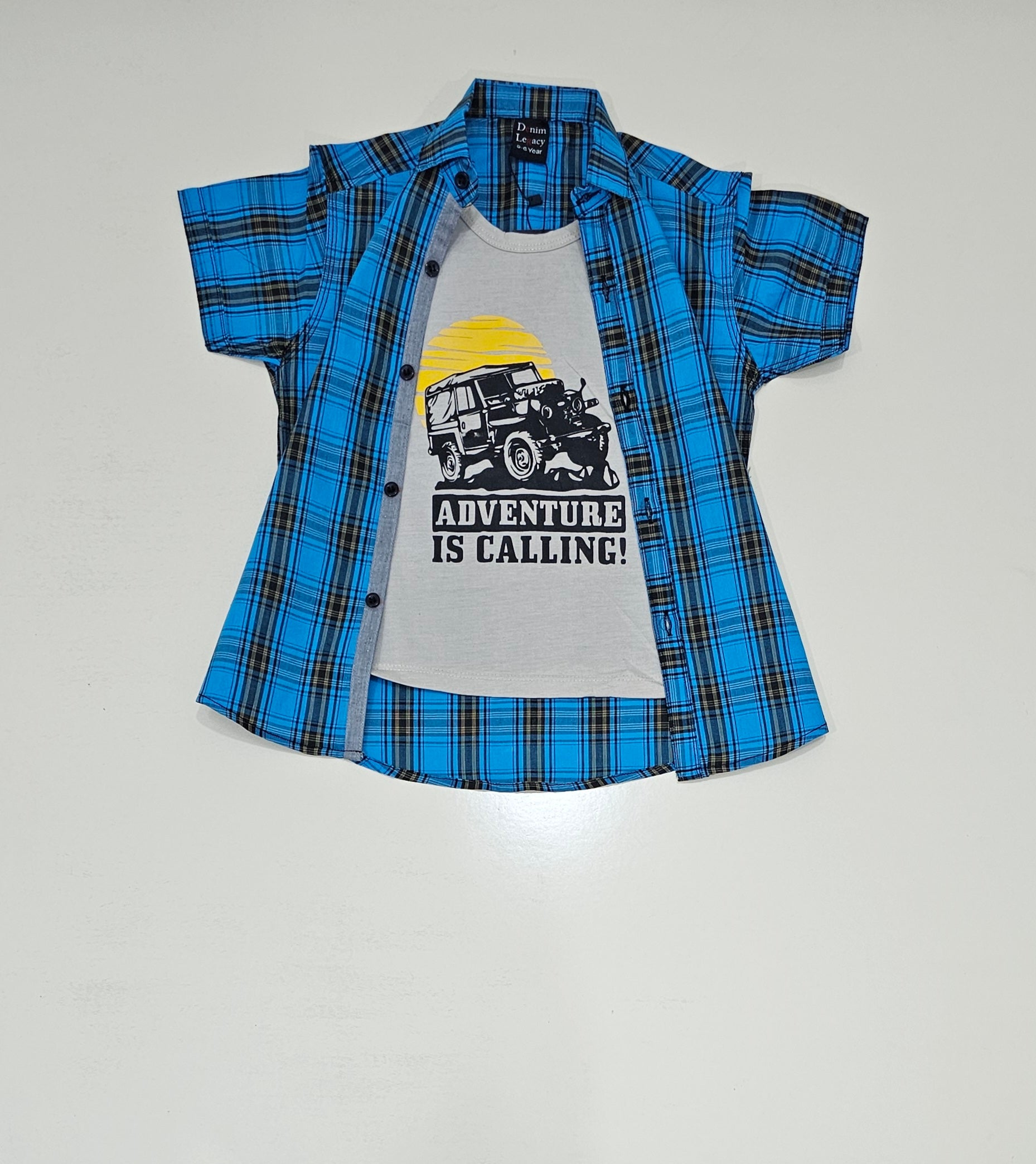 Boys Double shirt, Blue check with inside grey printed tshirt.