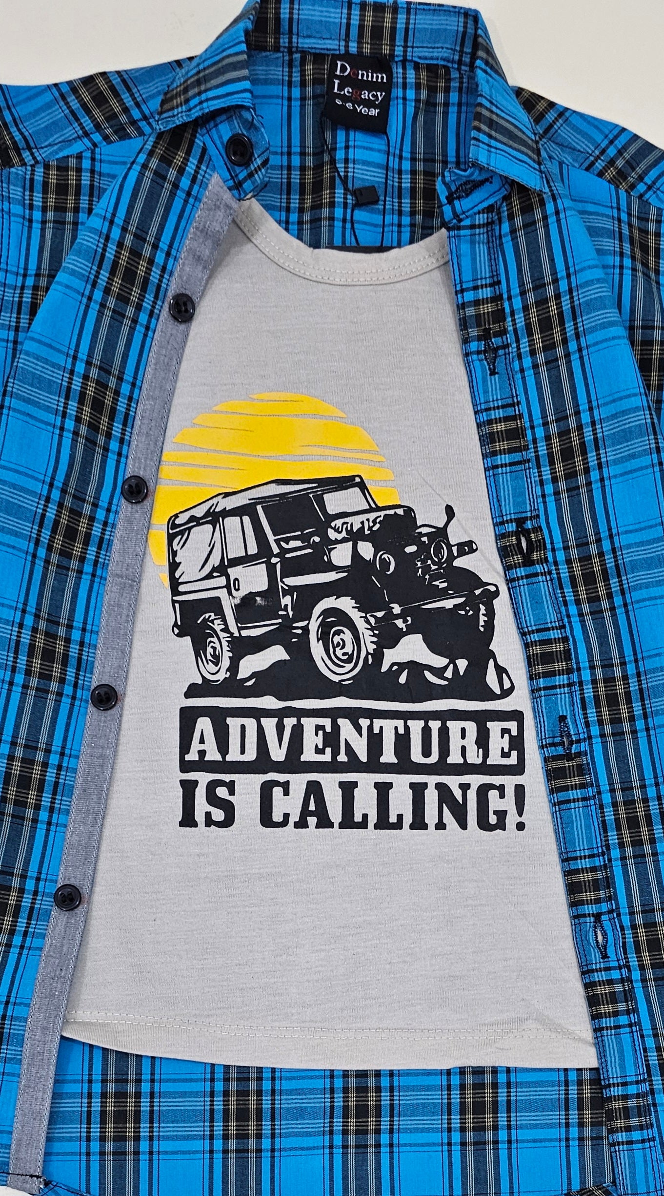 Boys Double shirt, Blue check with inside grey printed tshirt.