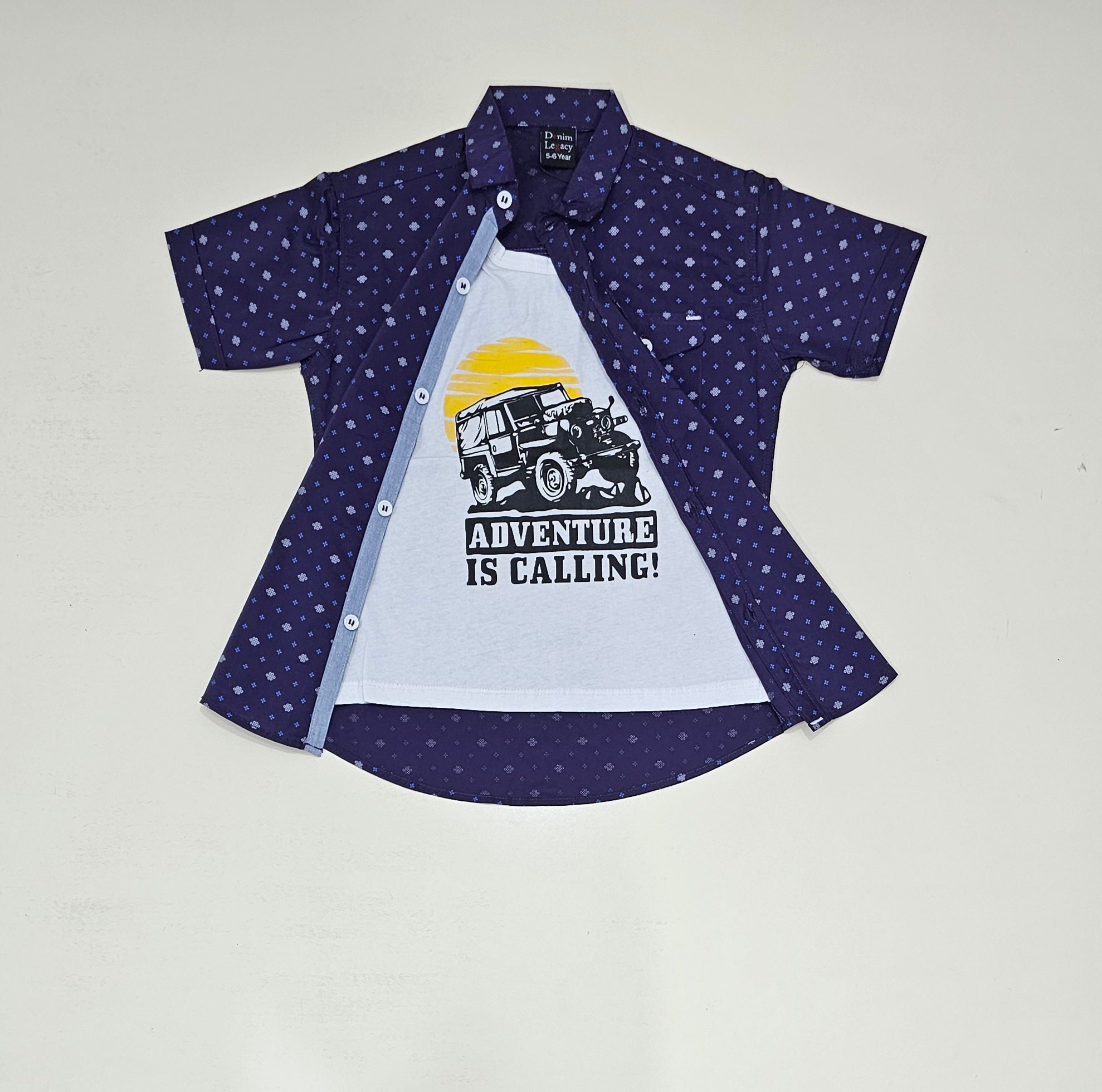 Boys Double shirt, purple print shirt with inside white printed tshirt.