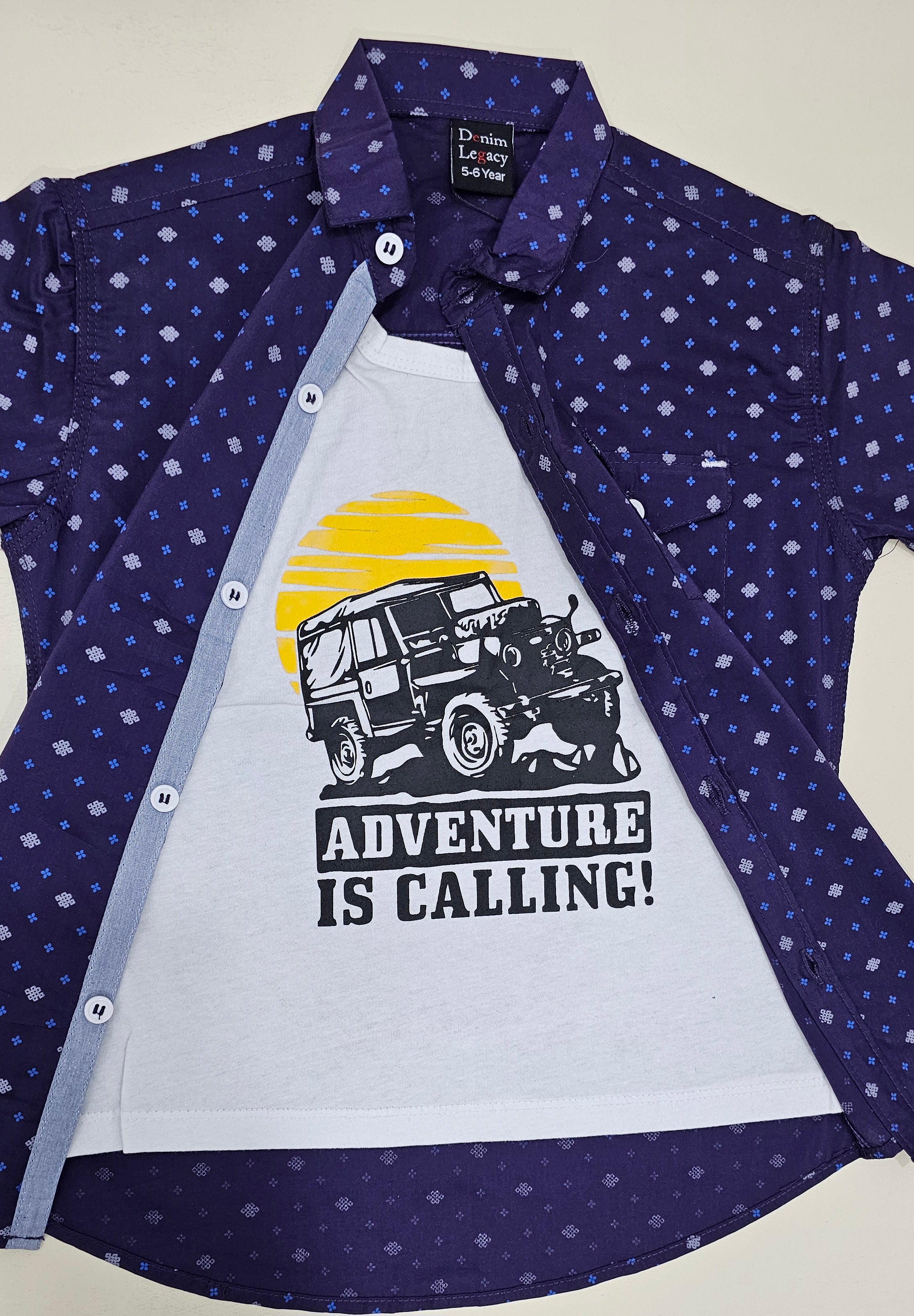Boys Double shirt, purple print shirt with inside white printed tshirt.