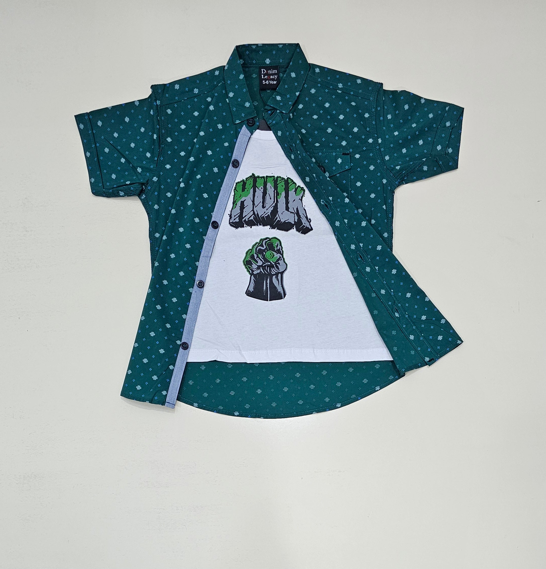 Boys Double shirt, Green print shirt with inside white printed tshirt.