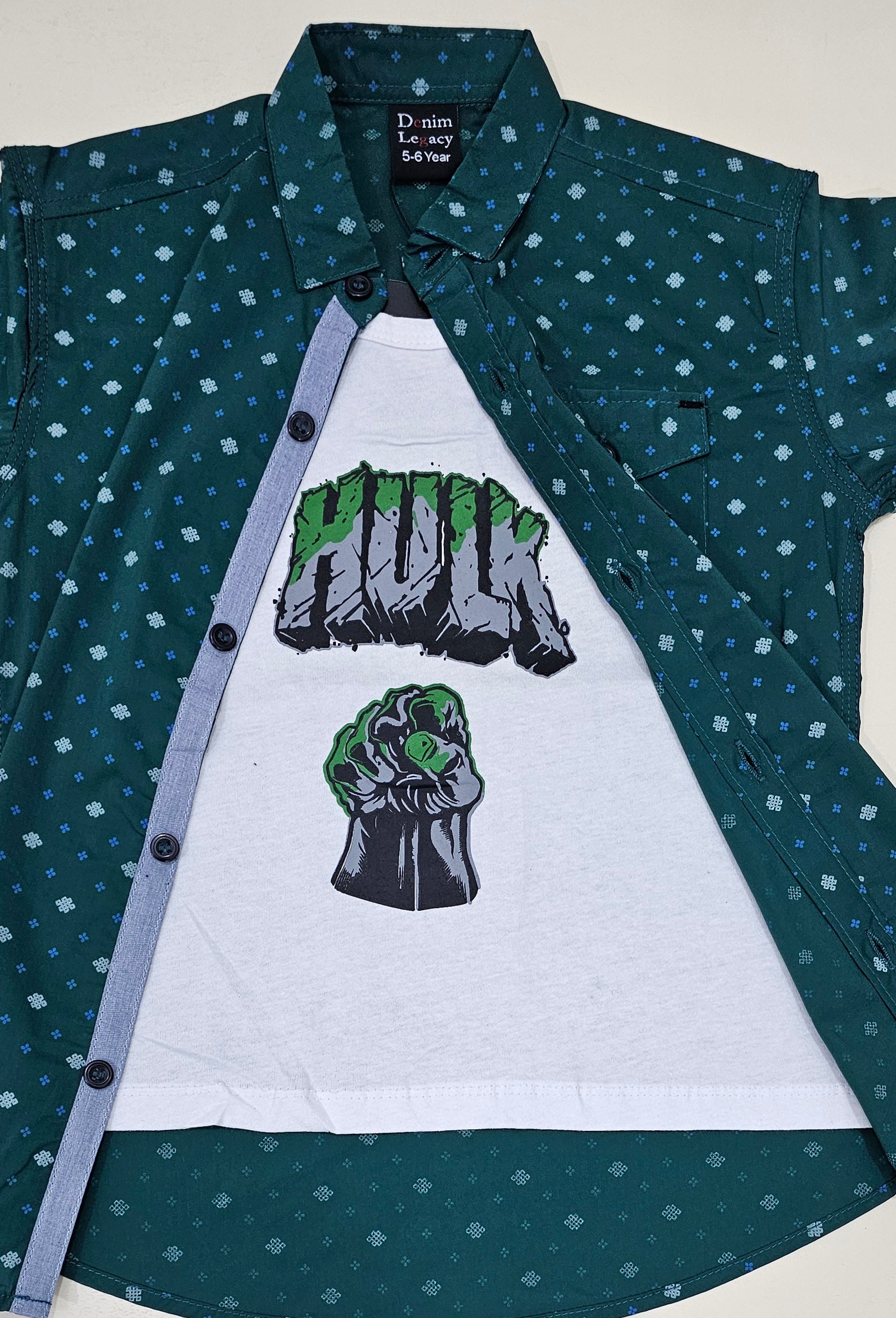 Boys Double shirt, Green print shirt with inside white printed tshirt.