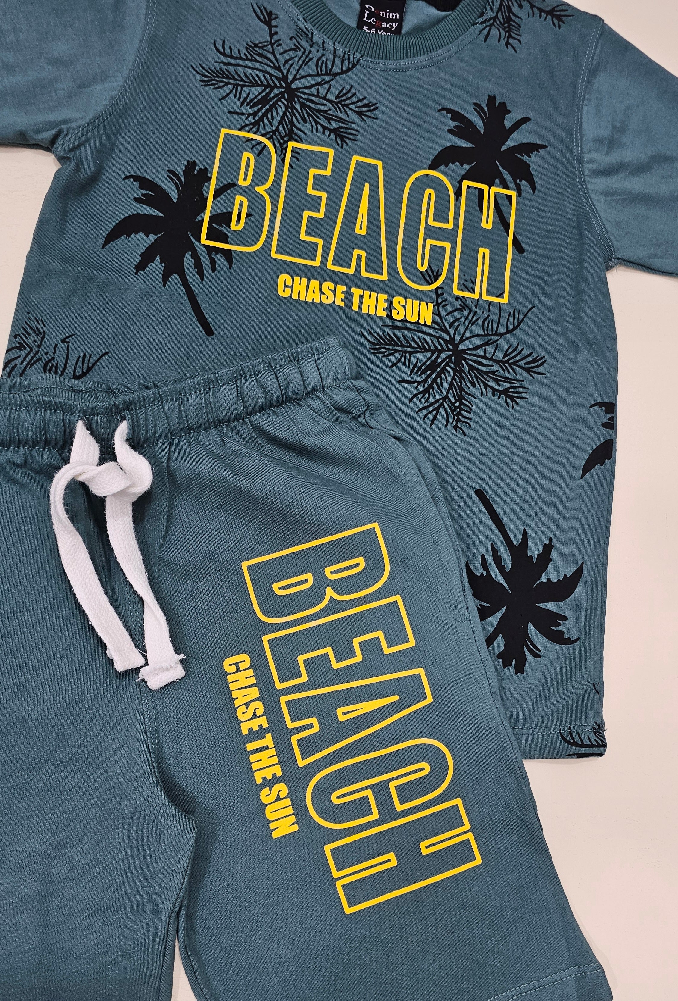 Grey colour, floral print Boys Suit with Shorts in Cotton jersey fabric.