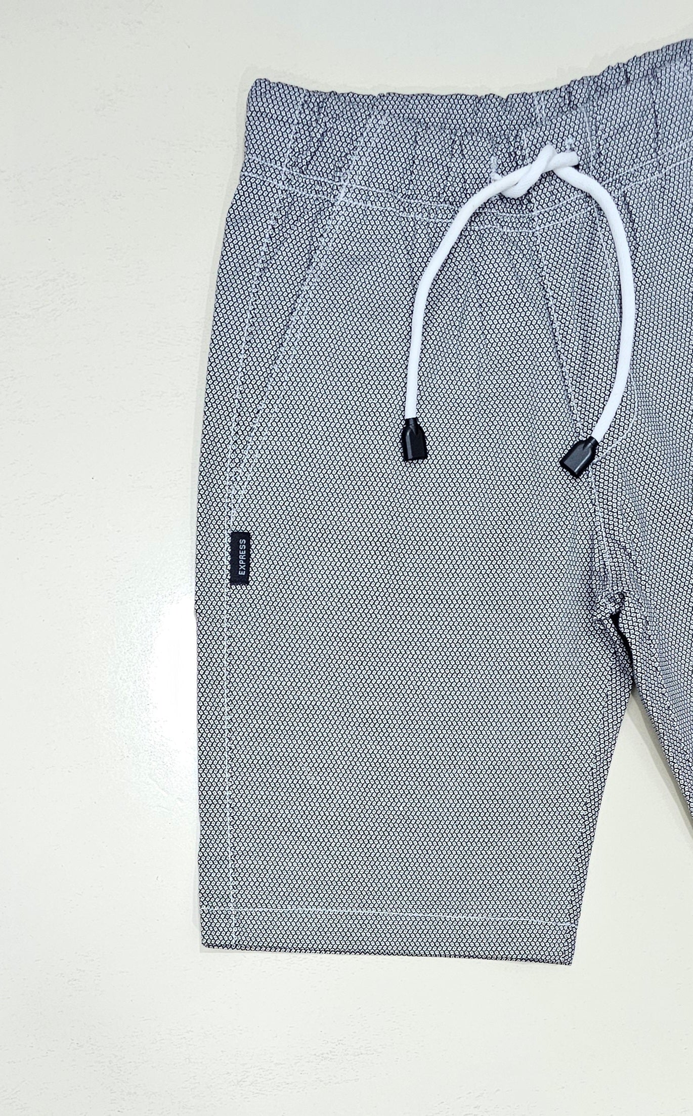 Boys printed Shorts, Cotton Stretch Fabric, Black print on white base colour.