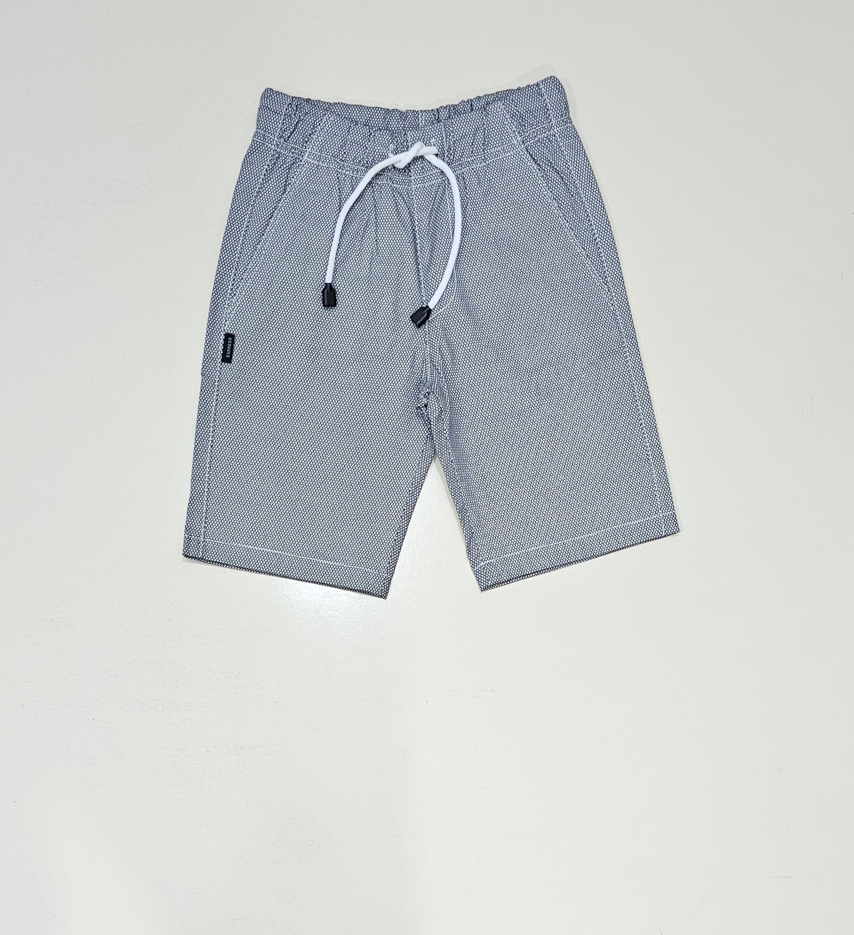 Boys printed Shorts, Cotton Stretch Fabric, Black print on white base colour.