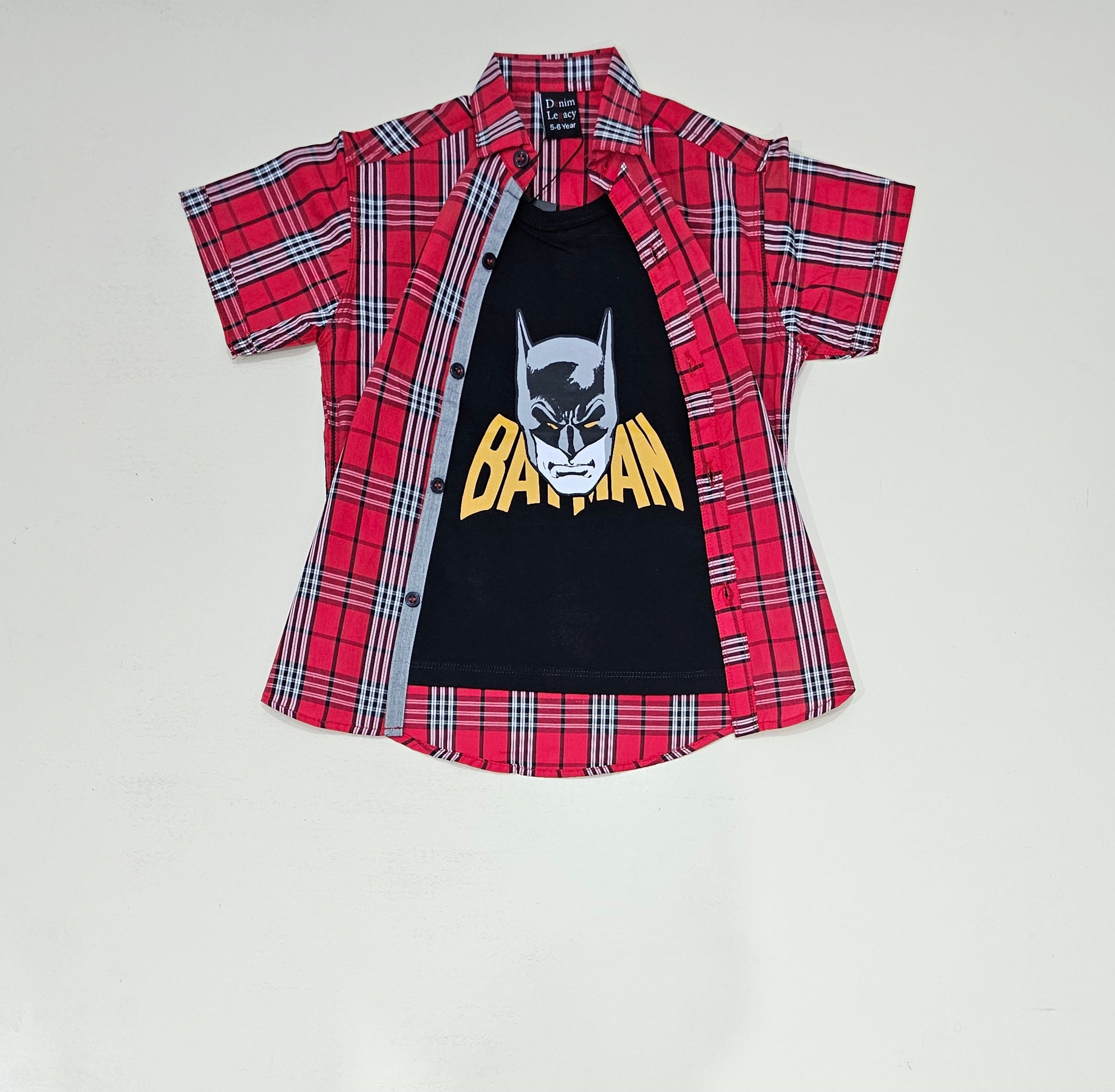 Boys Double shirt, Red check with inside black printed tshirt.