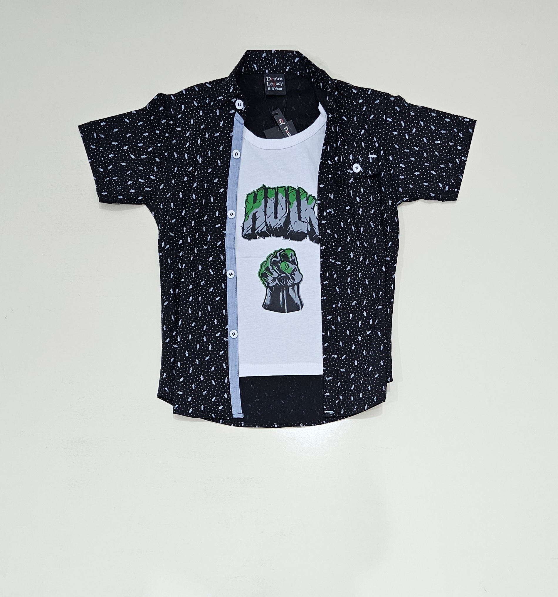 Boys Double shirt, Black printed shirt with inside white printed tshirt.