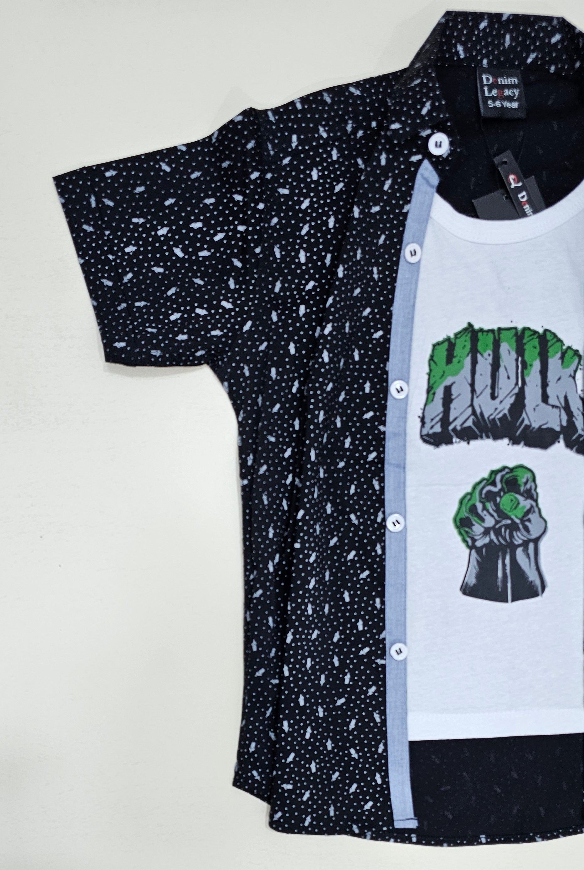 Boys Double shirt, Black printed shirt with inside white printed tshirt.
