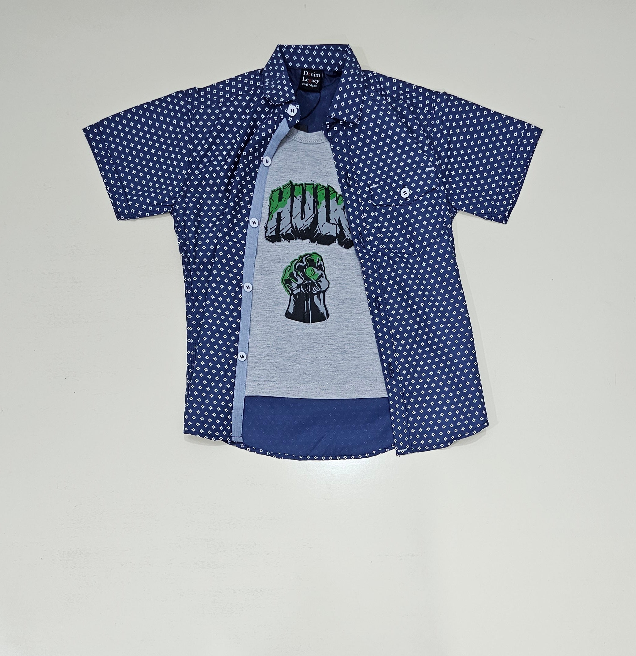 Boys Double shirt, Blue printed shirt with inside grey printed tshirt.