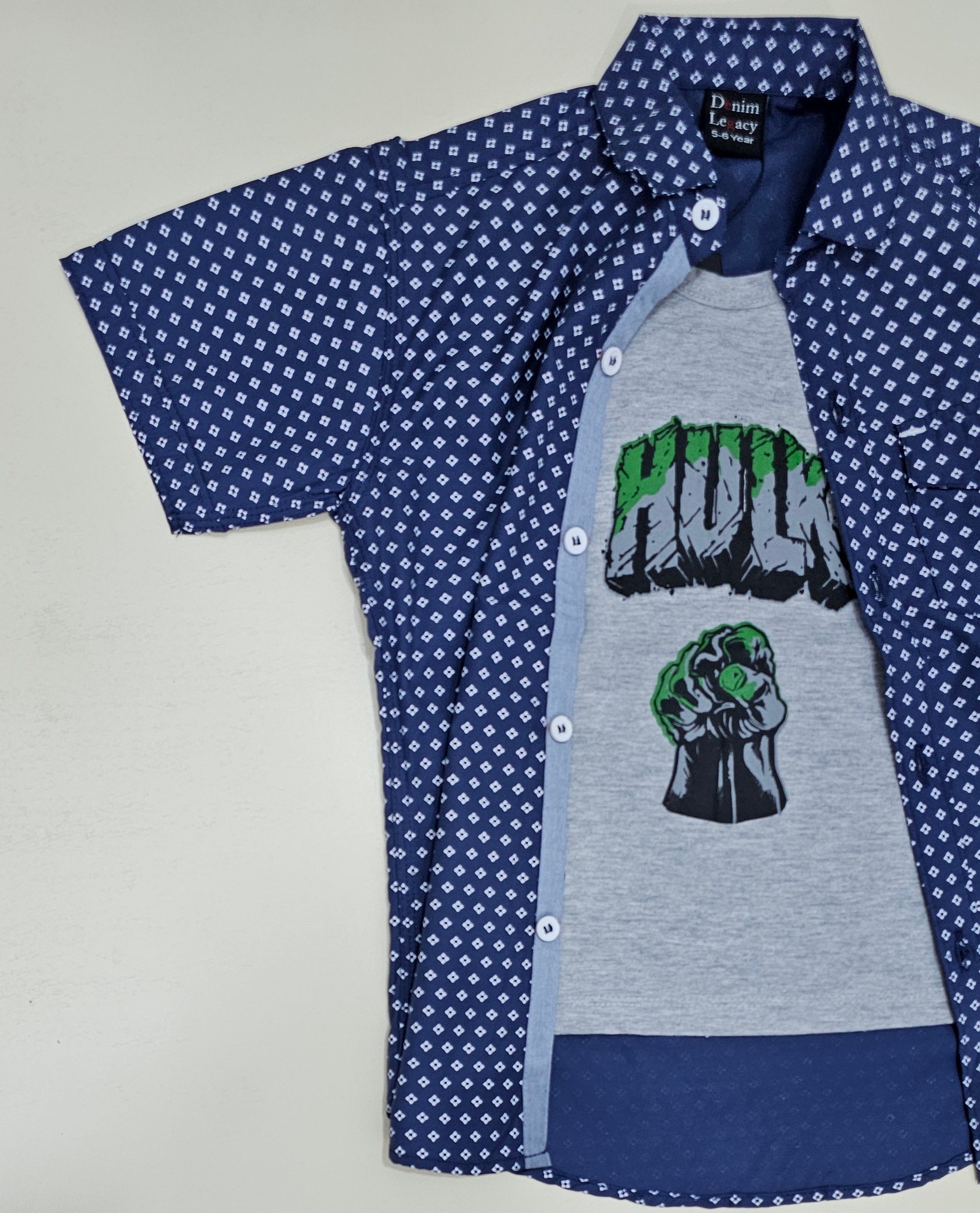 Boys Double shirt, Blue printed shirt with inside grey printed tshirt.