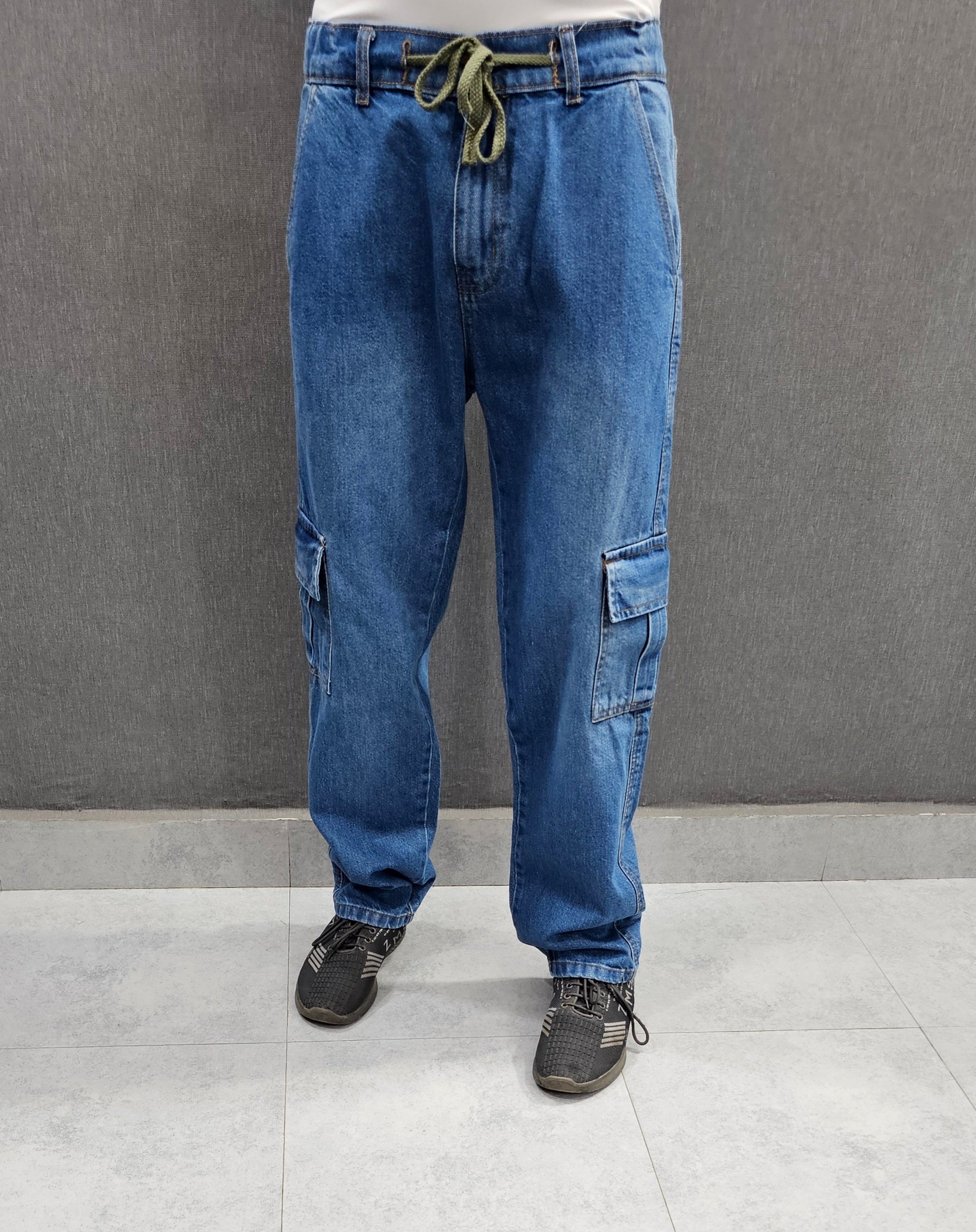 Mid Blue Loose Fit Jeans 6 pocket, Soft Comfortable non stretch Denim with elasticated Belt.