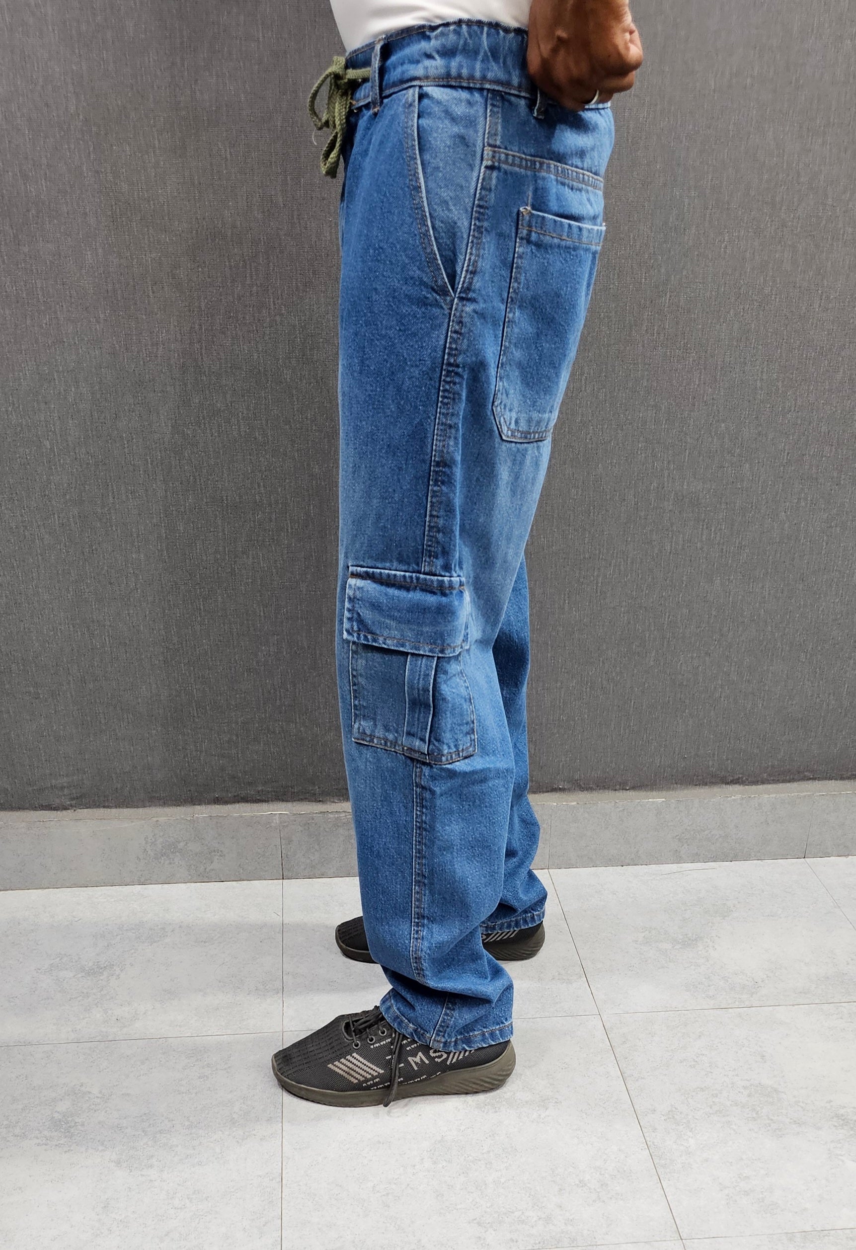 Mid Blue Loose Fit Jeans 6 pocket, Soft Comfortable non stretch Denim with elasticated Belt.