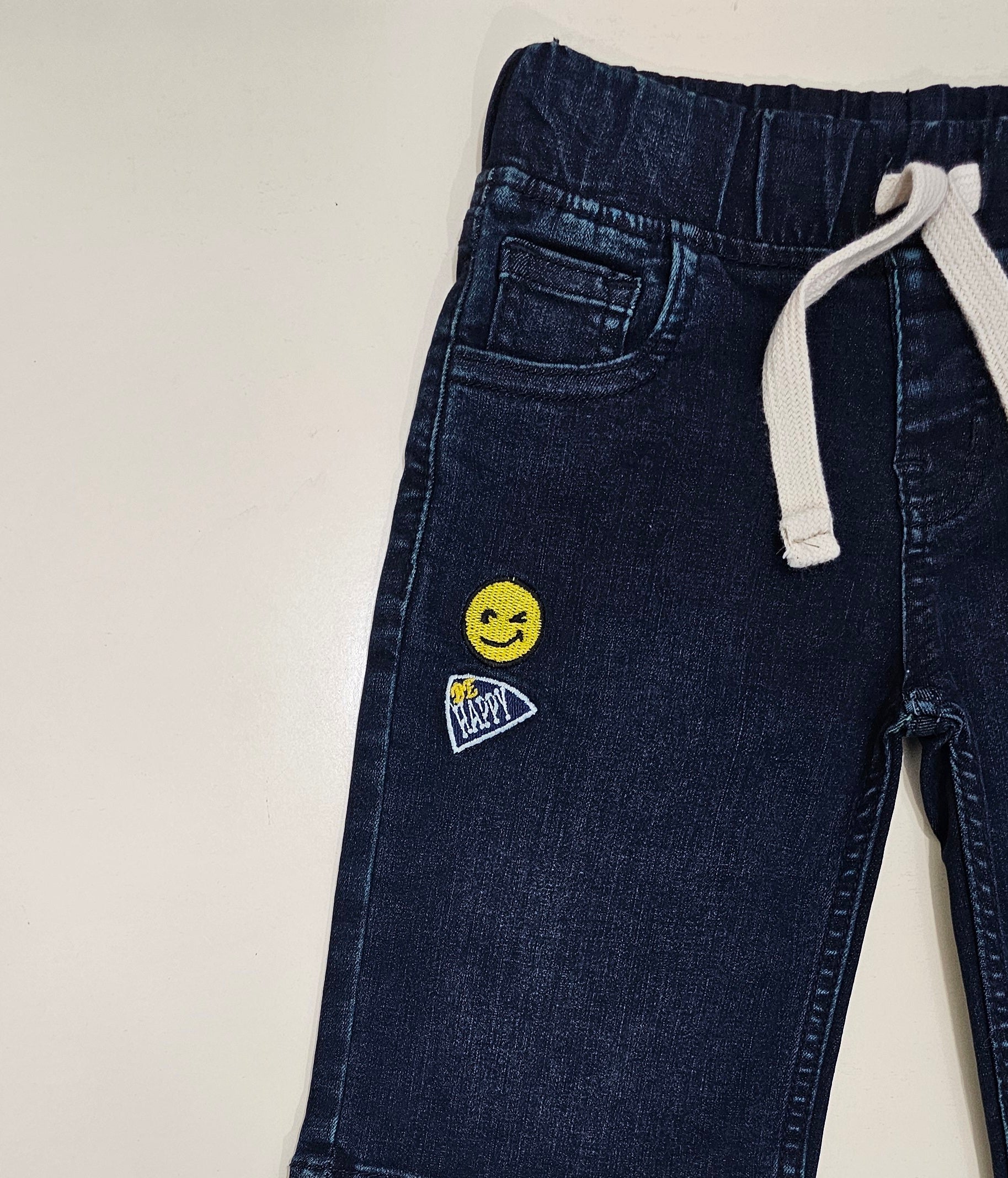Smiley Kids Shorts Denim Stretch Fabric, Tinted Blue.