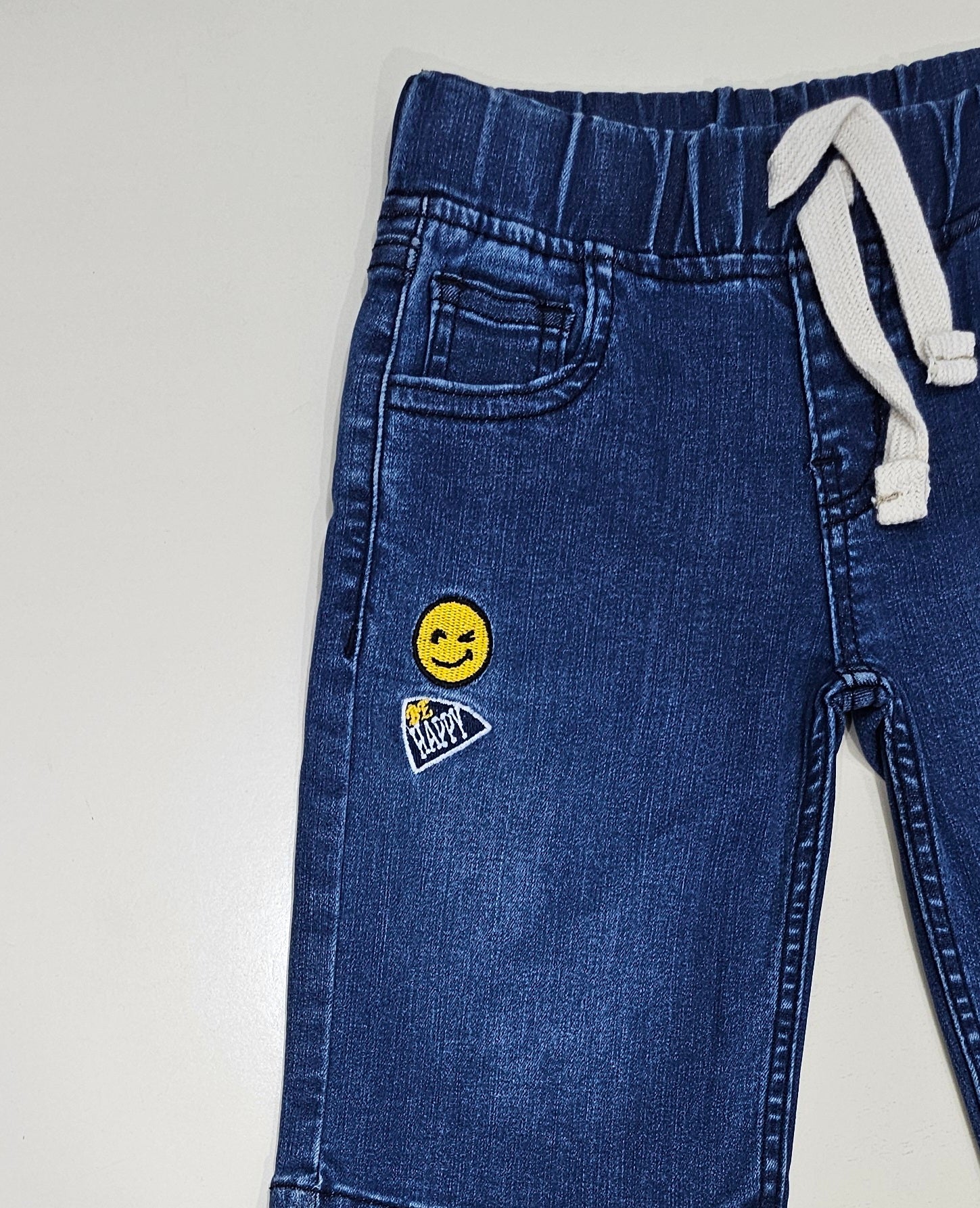 Smiley Kids Shorts Denim Stretch Fabric, Mid Blue.