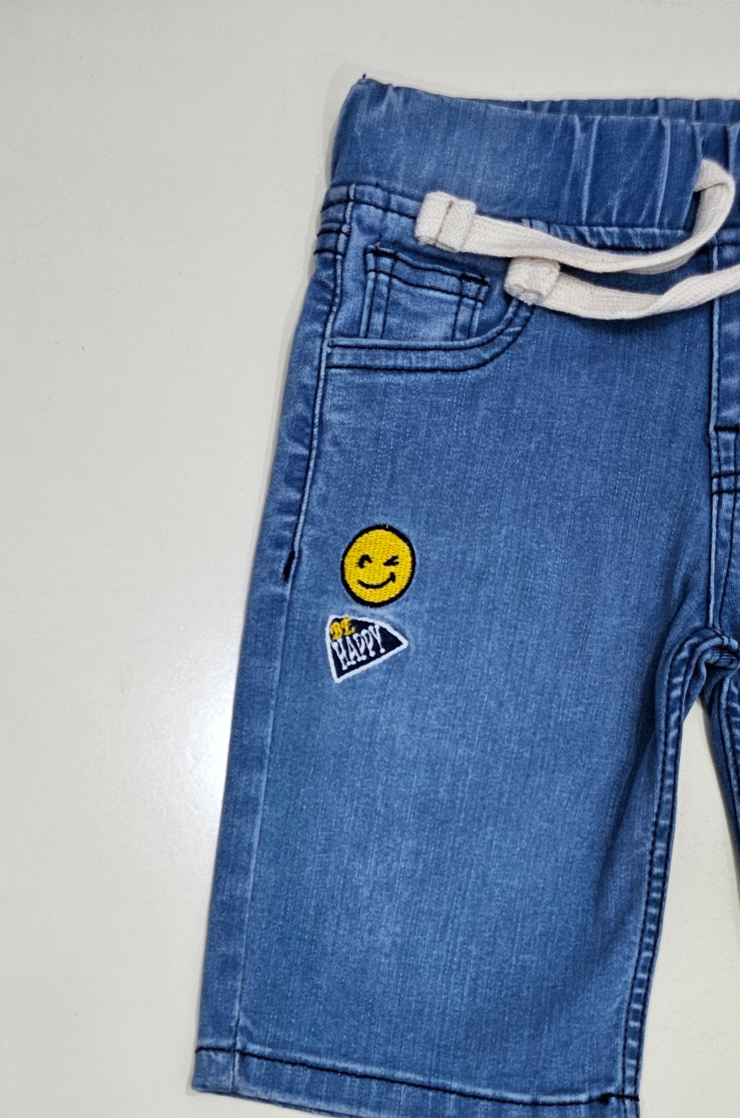 Smiley Kids Shorts Denim Stretch Fabric, Sky Blue.