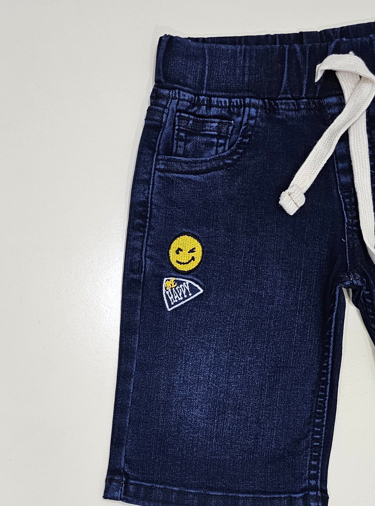 Smiley Kids Shorts Denim Stretch Fabric, Dark Blue.