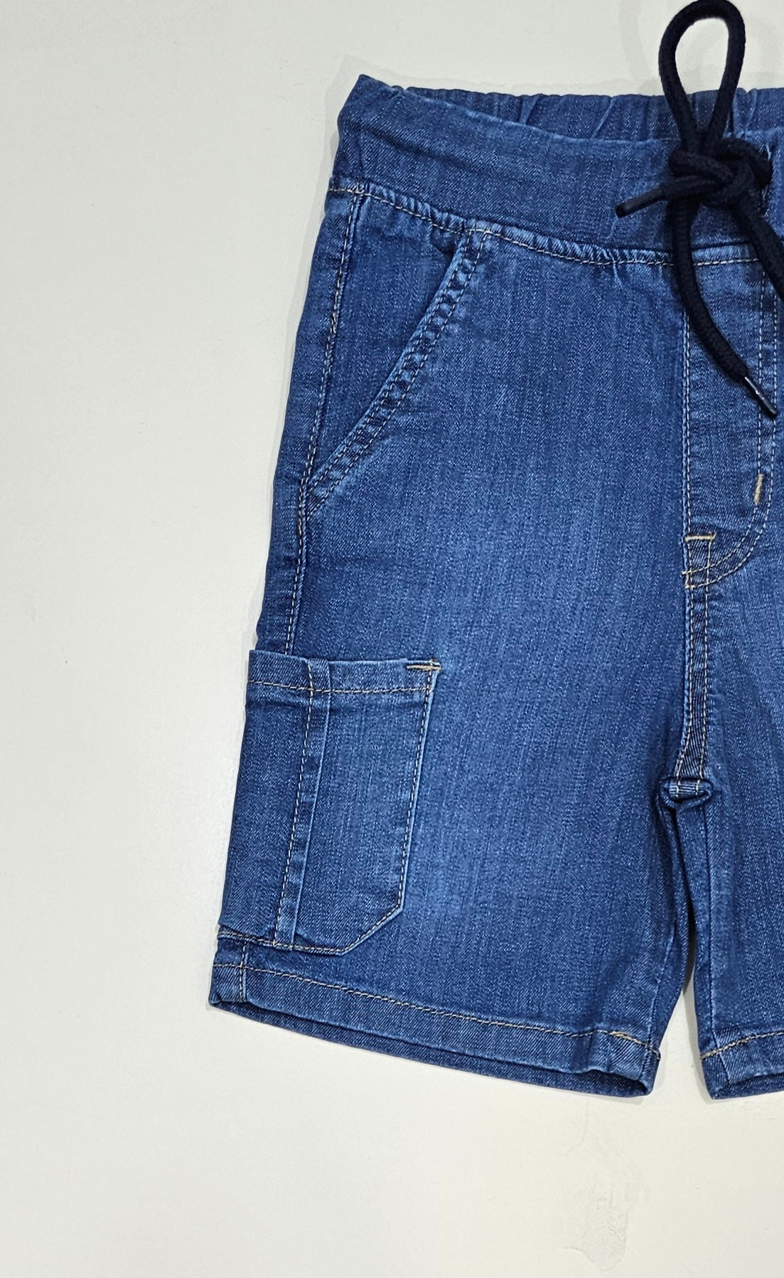 Six Pocket Boys Shorts Denim Stretch Fabric Colour, Mid Blue.