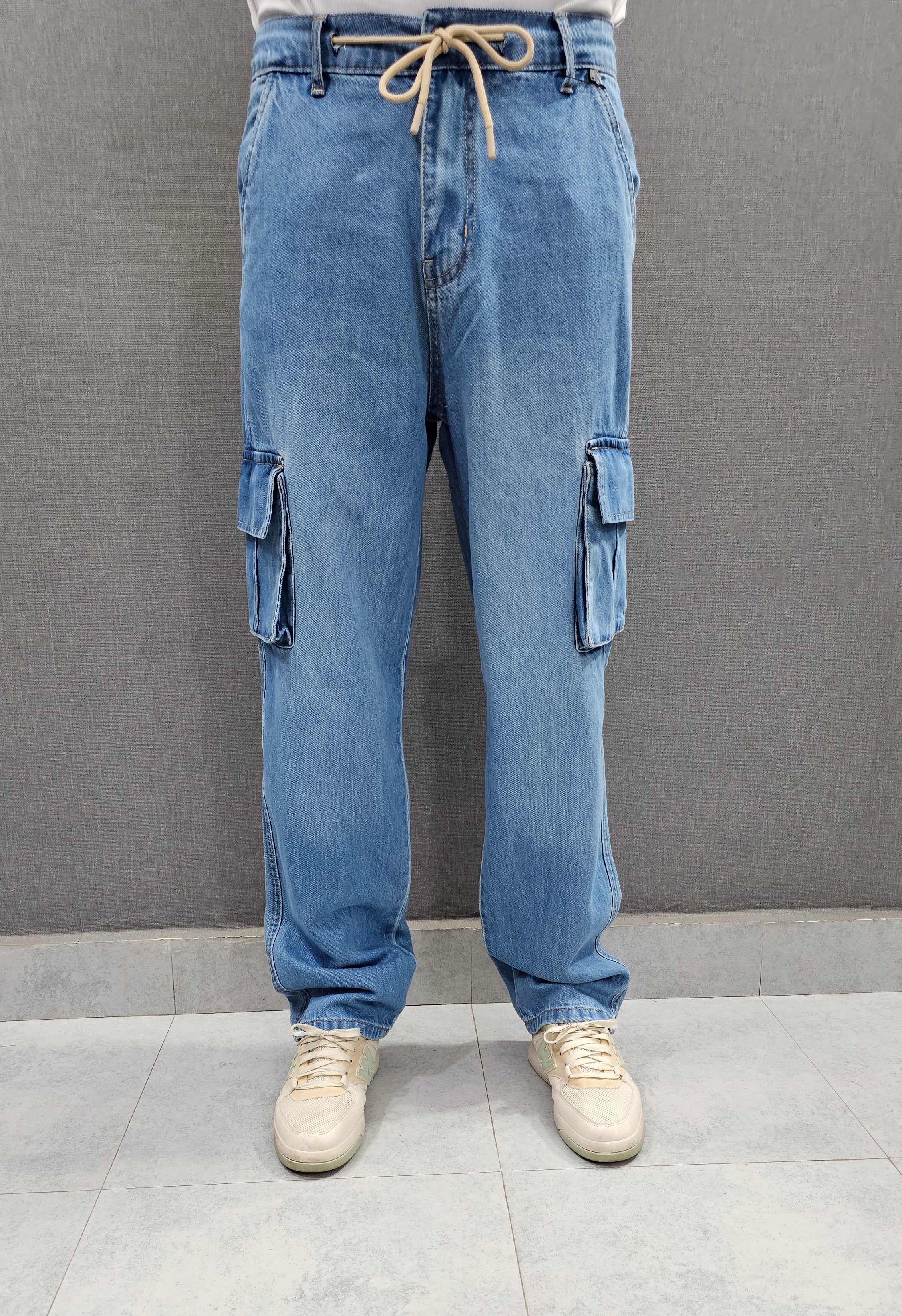 Loose Fit Ballow 6 pocket Jeans, Soft comfortable non-stretch Denim, elasticated belt. Light Blue.