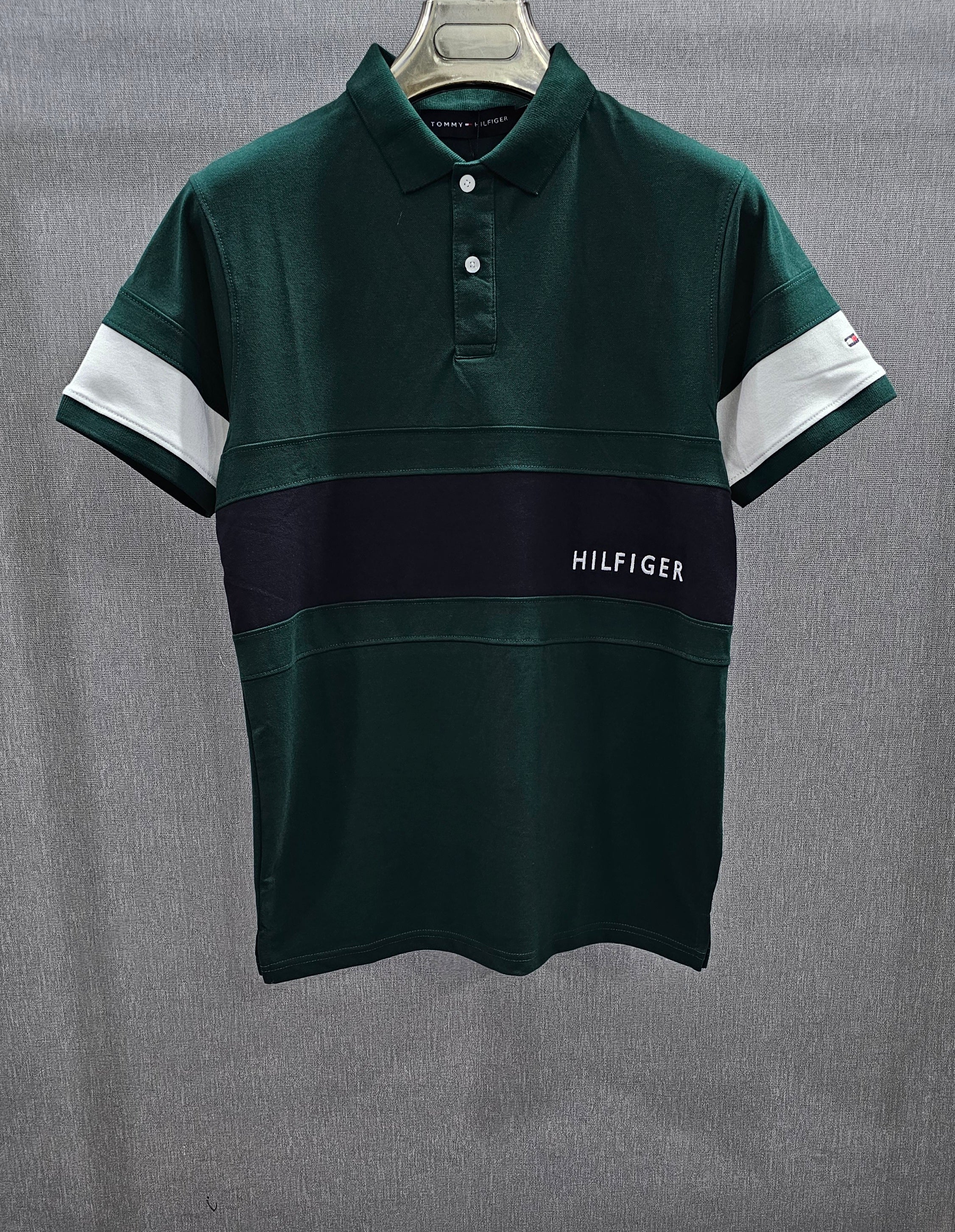 TH- Mens PiQue cotton contrast pannel polo shirts. Green