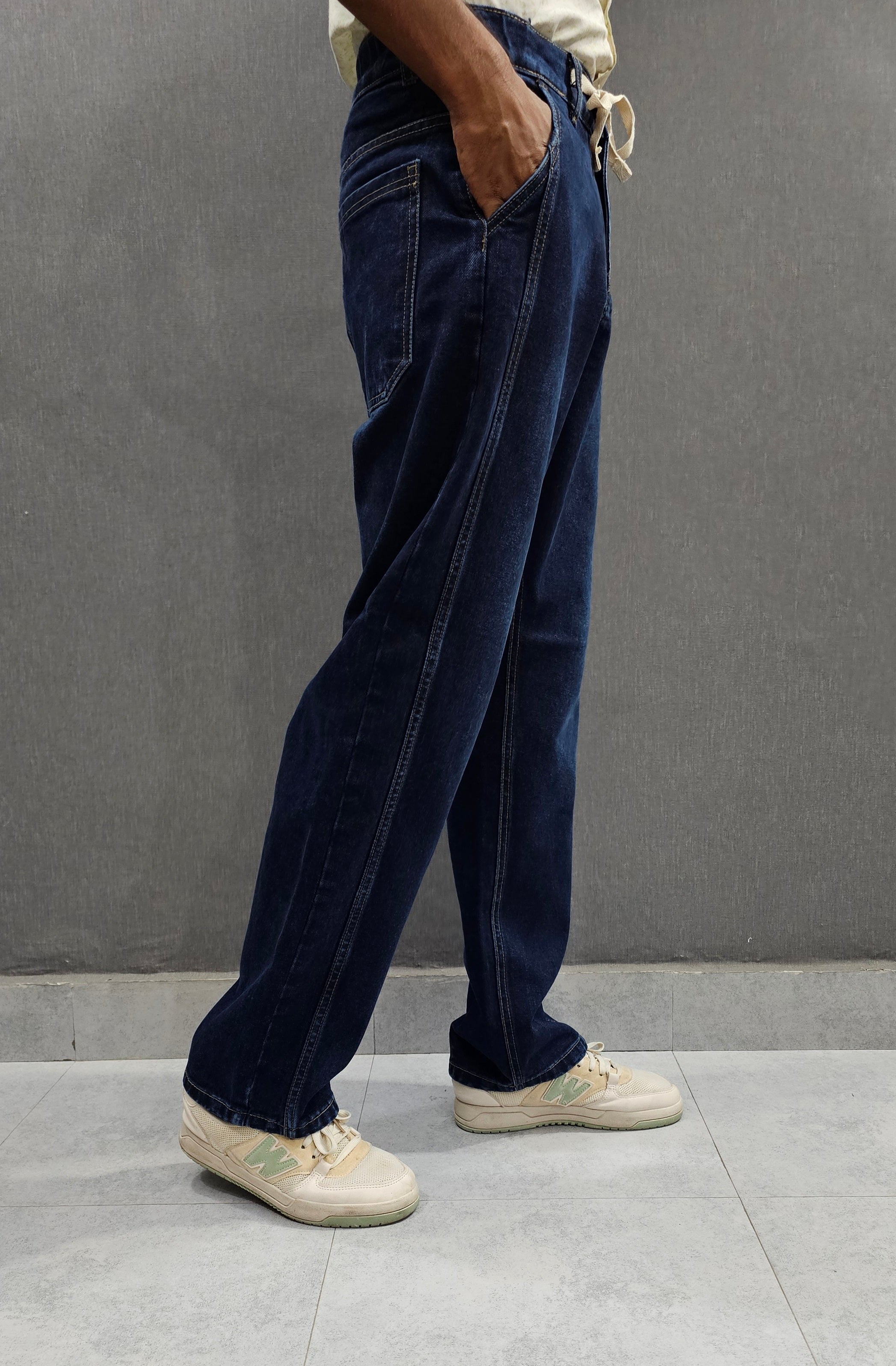 Dark Blue Front Double Stitch Loose Fit Jeans, soft comfortable non stretch Denim.