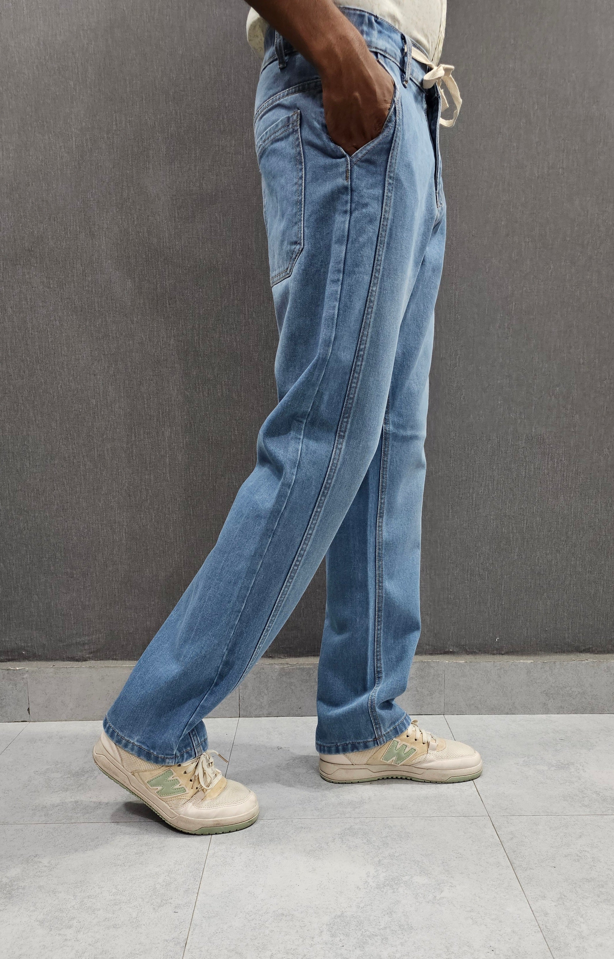 Sky Blue Front Double Stitch Loose Fit Jeans, soft comfortable non stretch Denim.