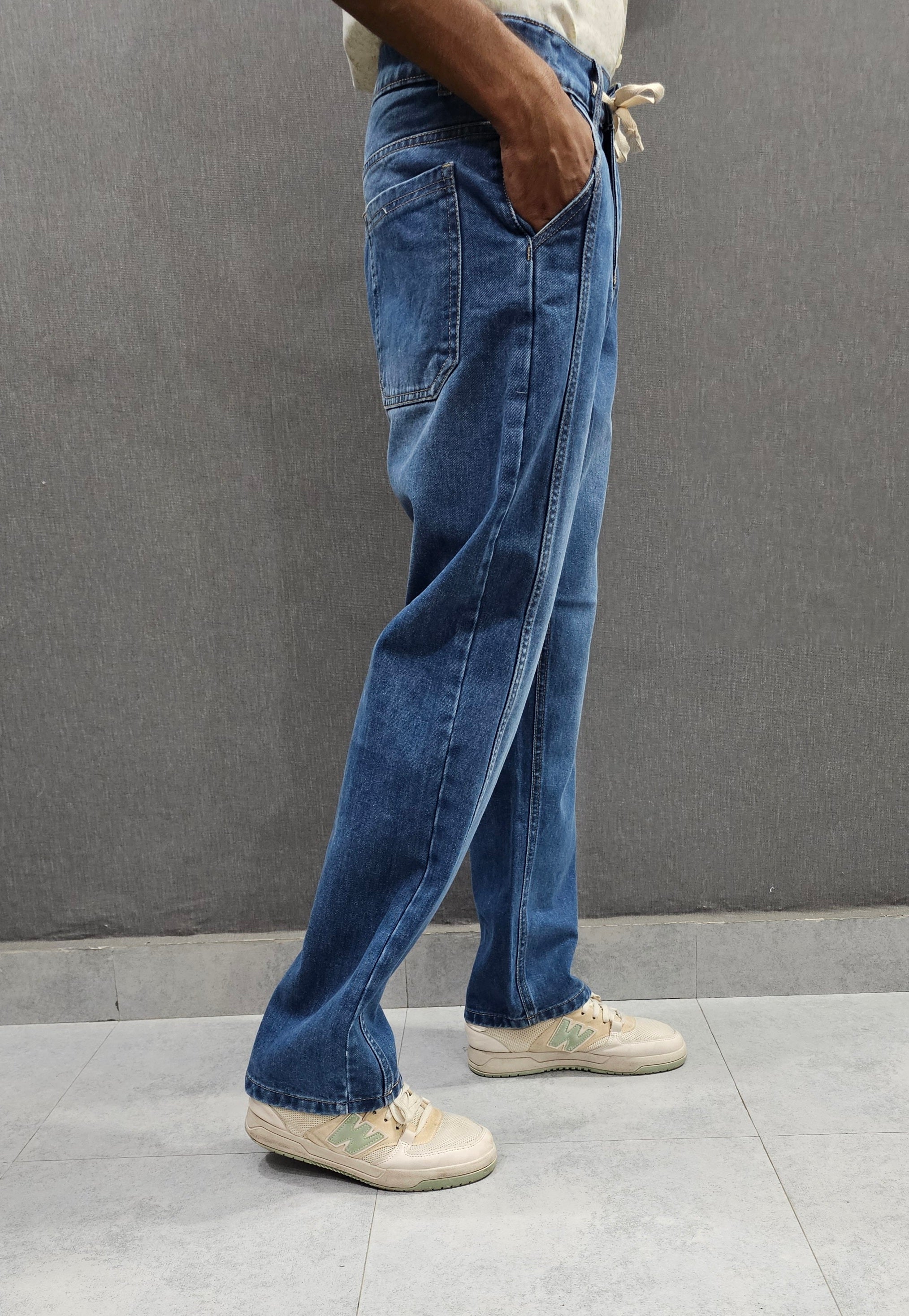 Mid Blue Front Double Stitch Loose Fit Jeans, soft comfortable non stretch Denim.