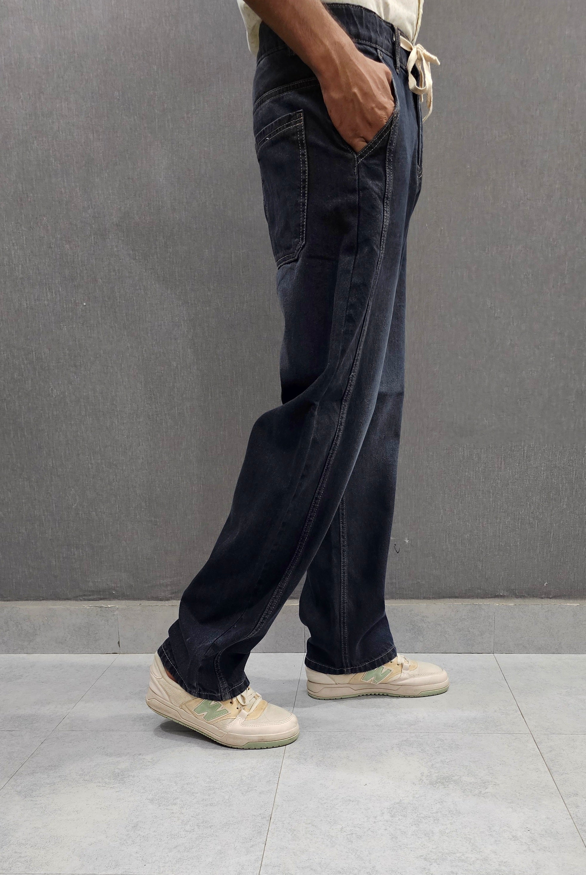 Black Faided Front Double Stitch Loose Fit Jeans, soft comfortable non stretch Denim.