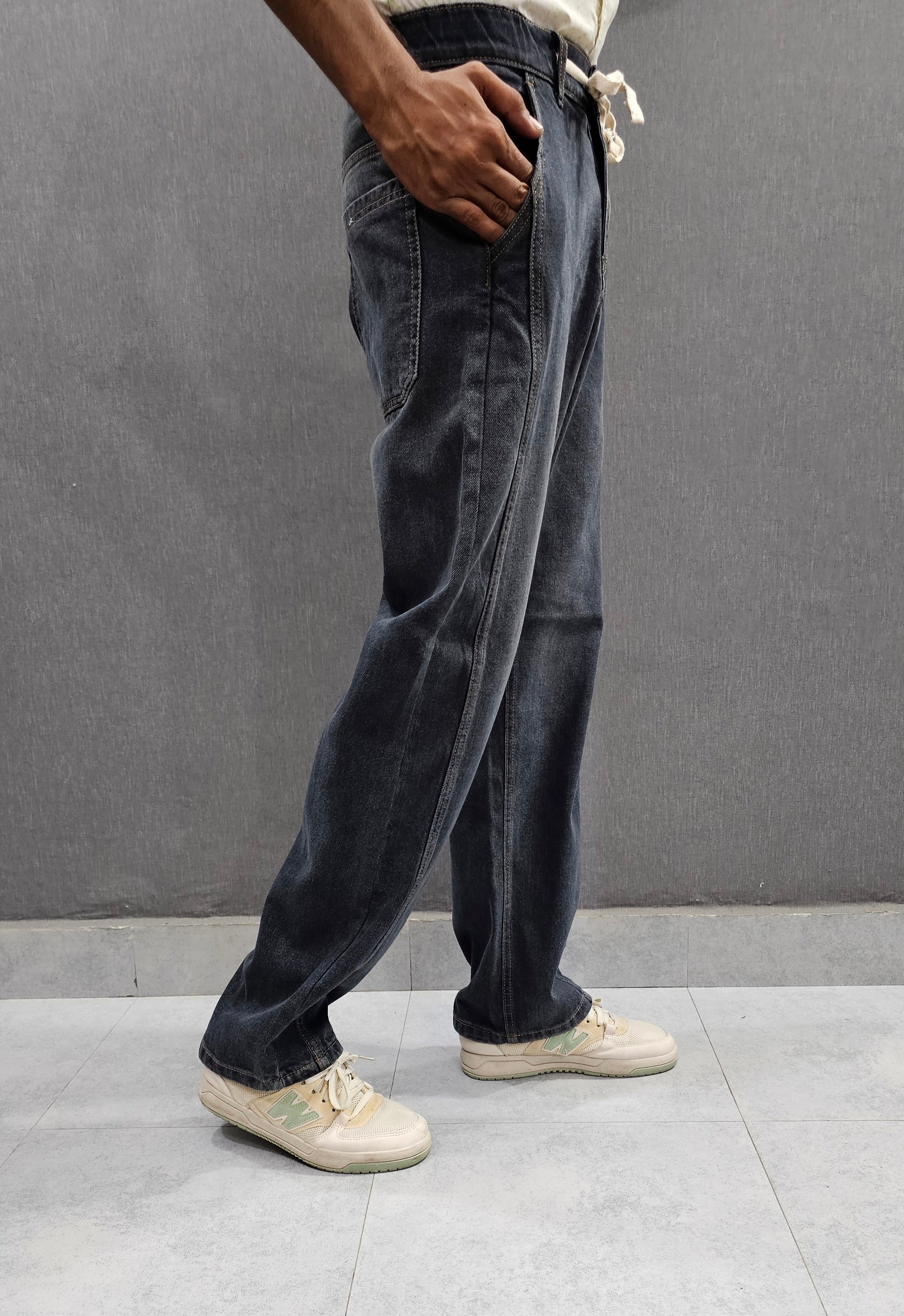 Grey Front Double Stitch Loose Fit Jeans, soft comfortable non stretch Denim.