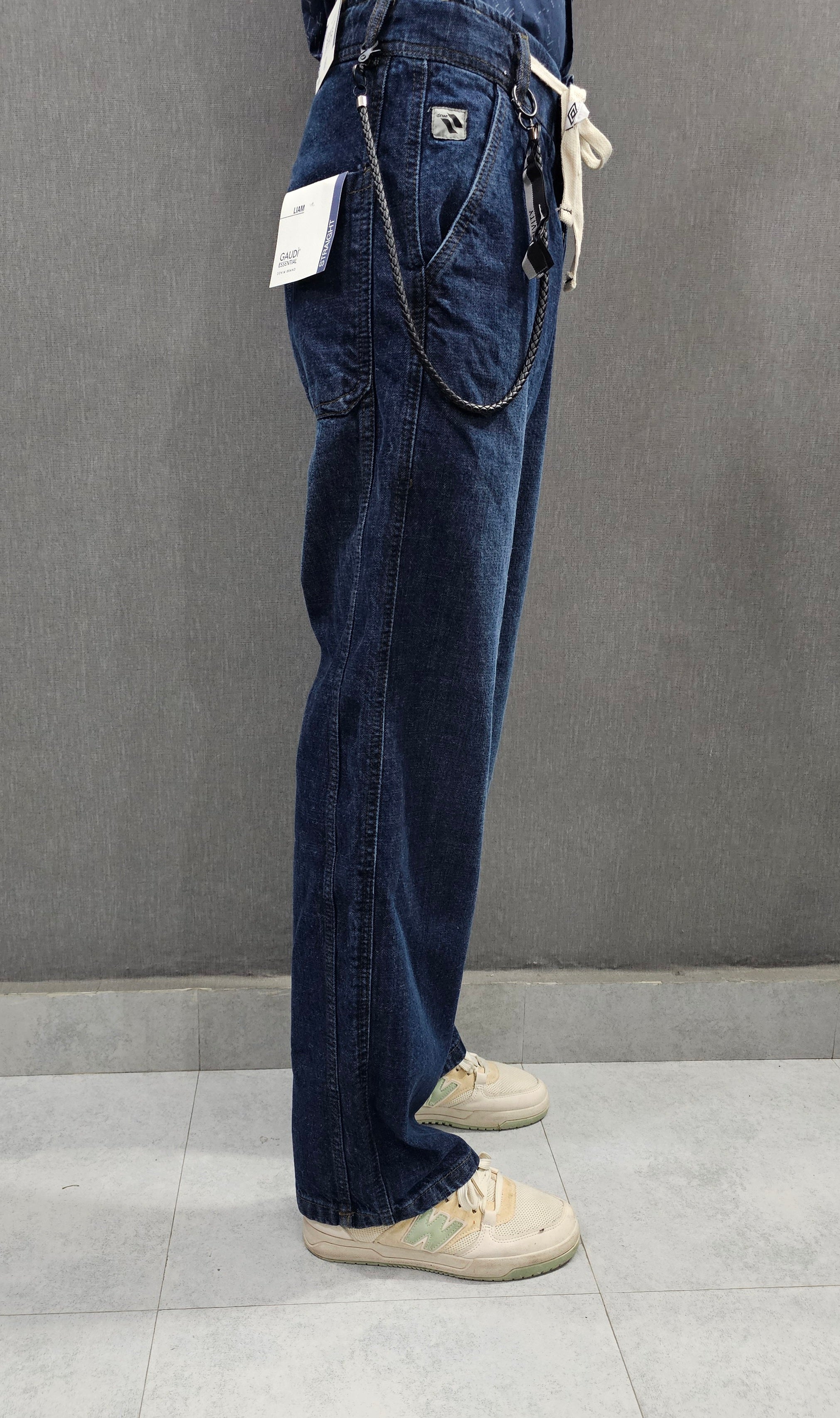 GD - Dark Blue. Loose Fit Jeans, side stitch panel with chain, soft comfortable non stretch Denim.