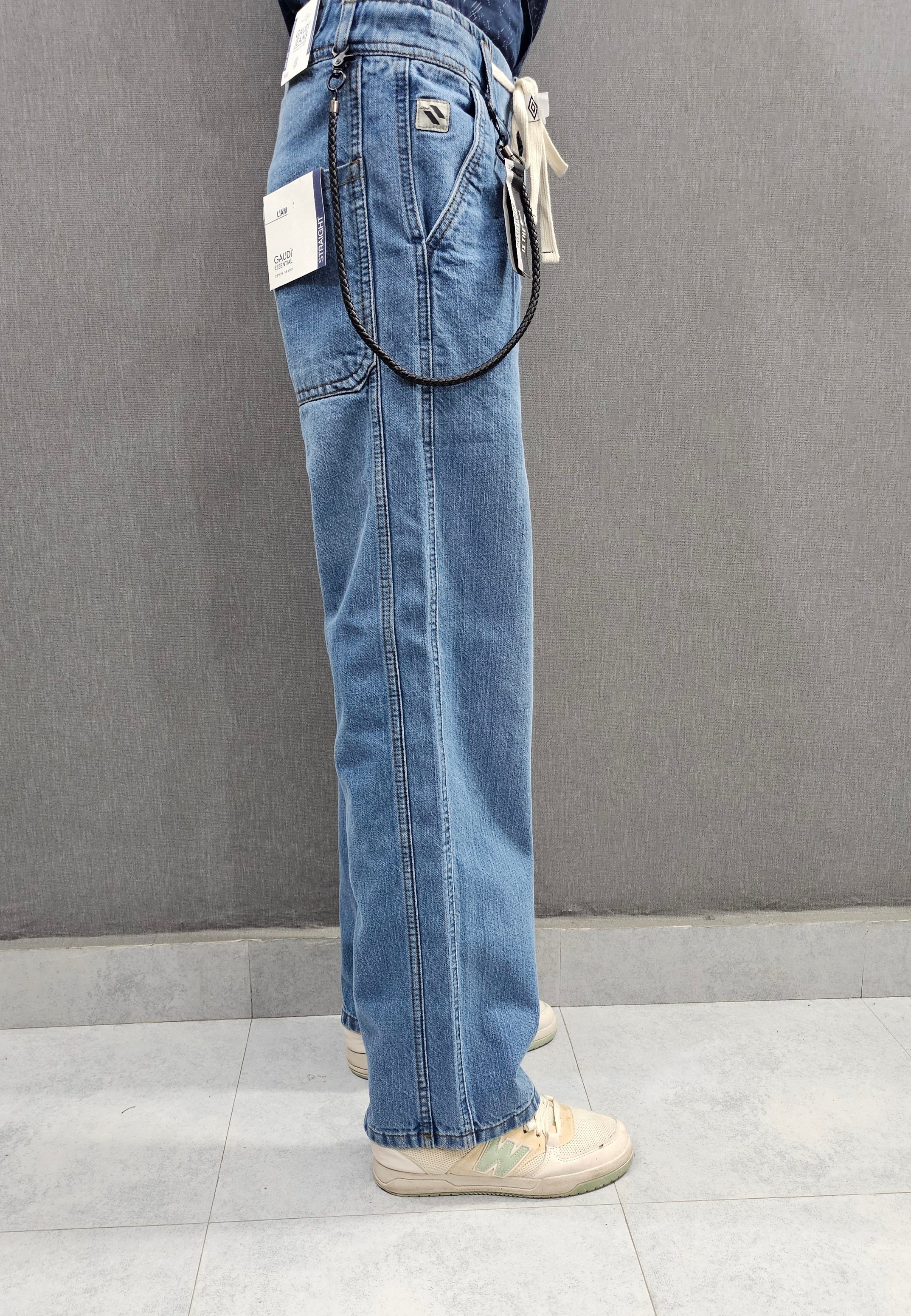 GD- Light Blue. Loose Fit Jeans, side stitch panel with chain, soft comfortable non stretch Denim.