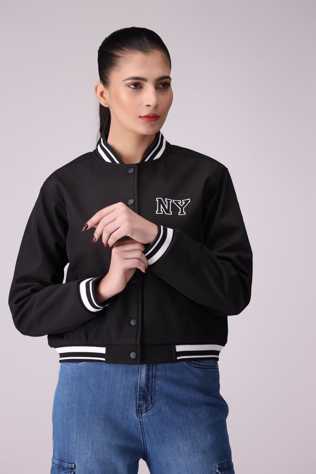 Black Baseball Ladies Jacket in Imported Fabric