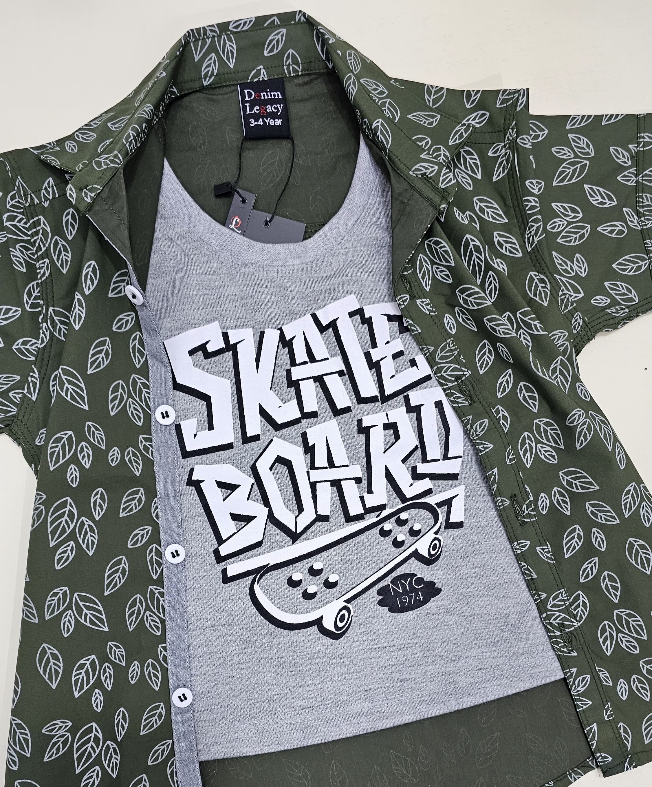 Boys Double shirt, Green print with inside grey printed tshirt.