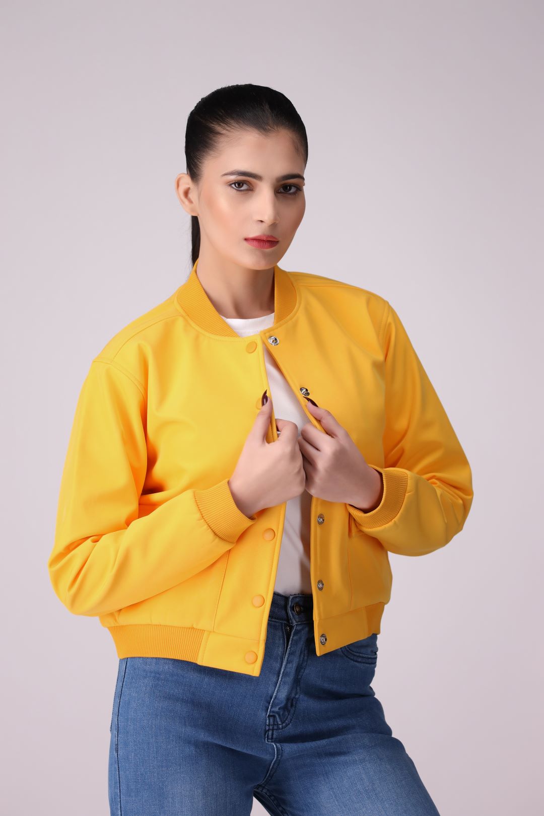 Yellow front pocket Ladies Jacket in Imported Fabric