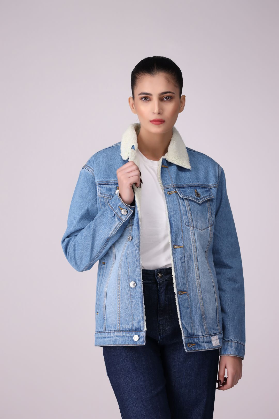 Light Blue Denim Ladies jacket with full fur inside, regular fit.
