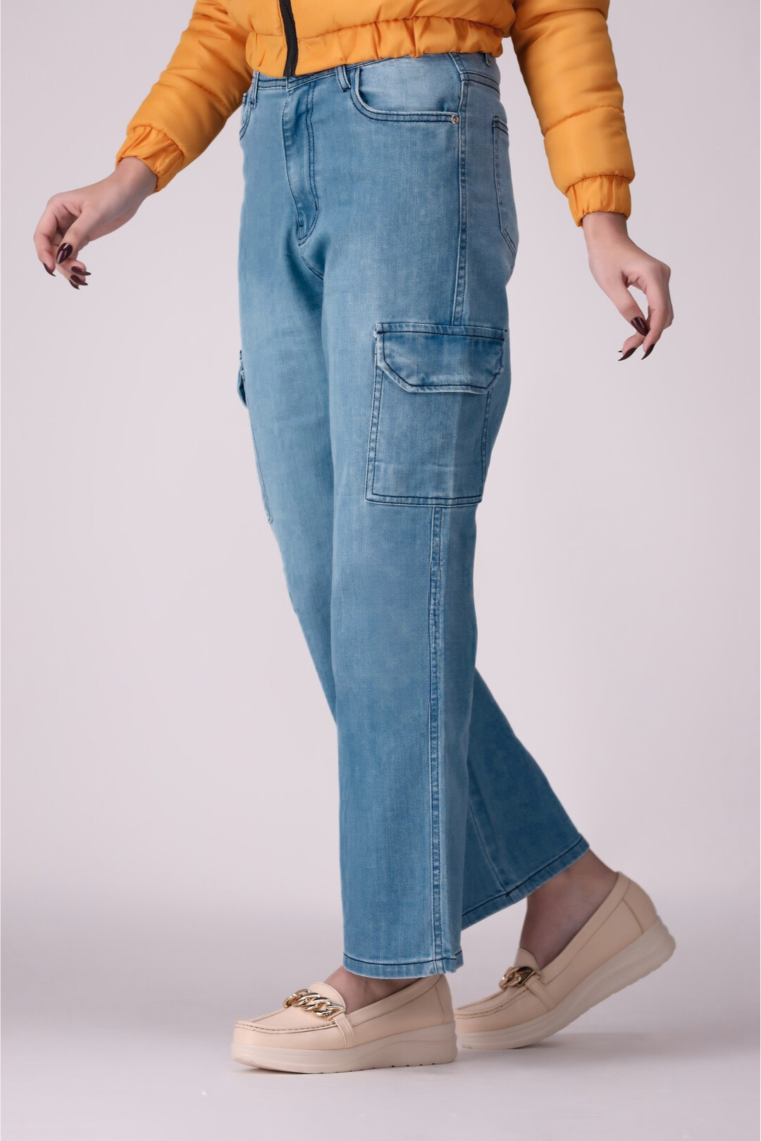 Mid Blue 6 Pockets Wide Leg / baggy Ladies Jeans, comfort stretch Denim