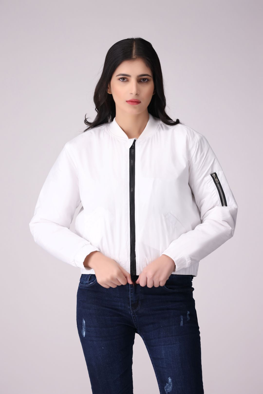 Stone White Ladies cropped Parachute Jacket in Imported Fabric