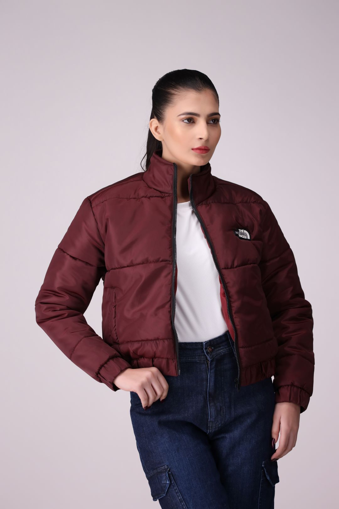 Dark Maroon Ladies Quilted Puffer Jacket in Imported Fabric