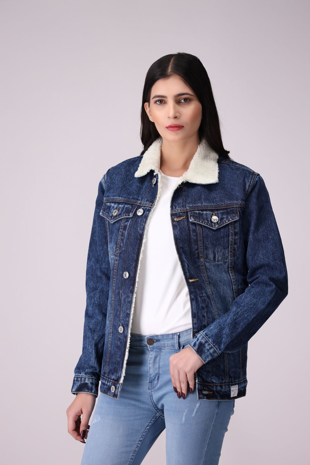 Random Blue Denim Ladies Jacket with full fur inside, regular fit.