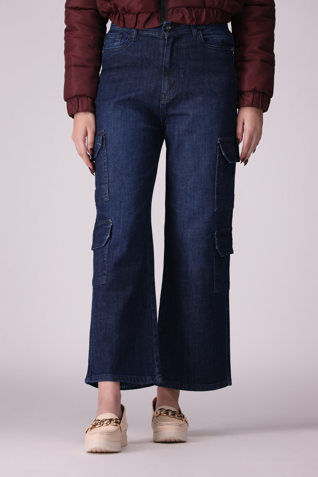 Dark Blue 8 Pockets Wide Leg Ladies Jeans, comfort stretch Denim