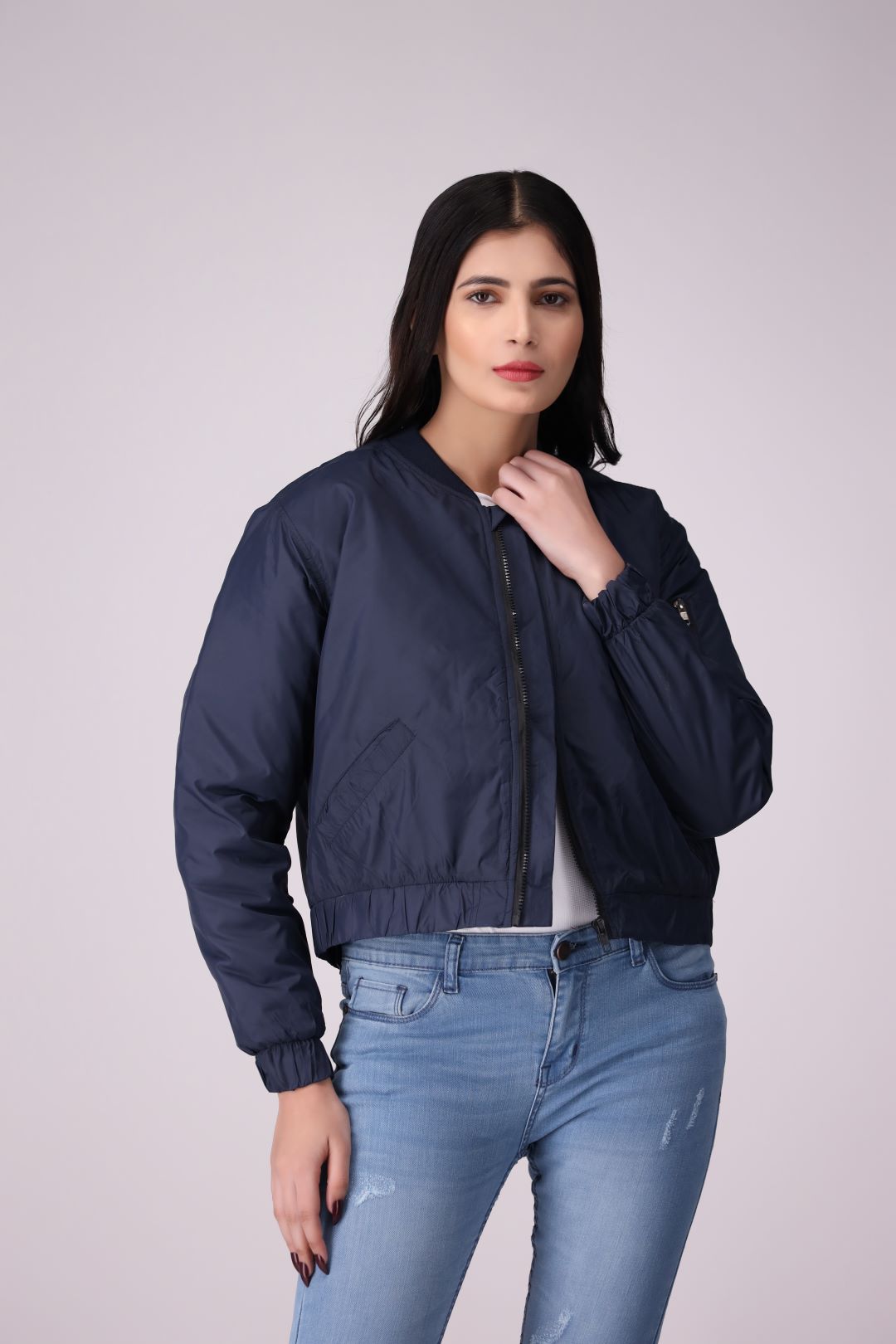Navy Blue Ladies cropped Parachute Jacket in Imported Fabric