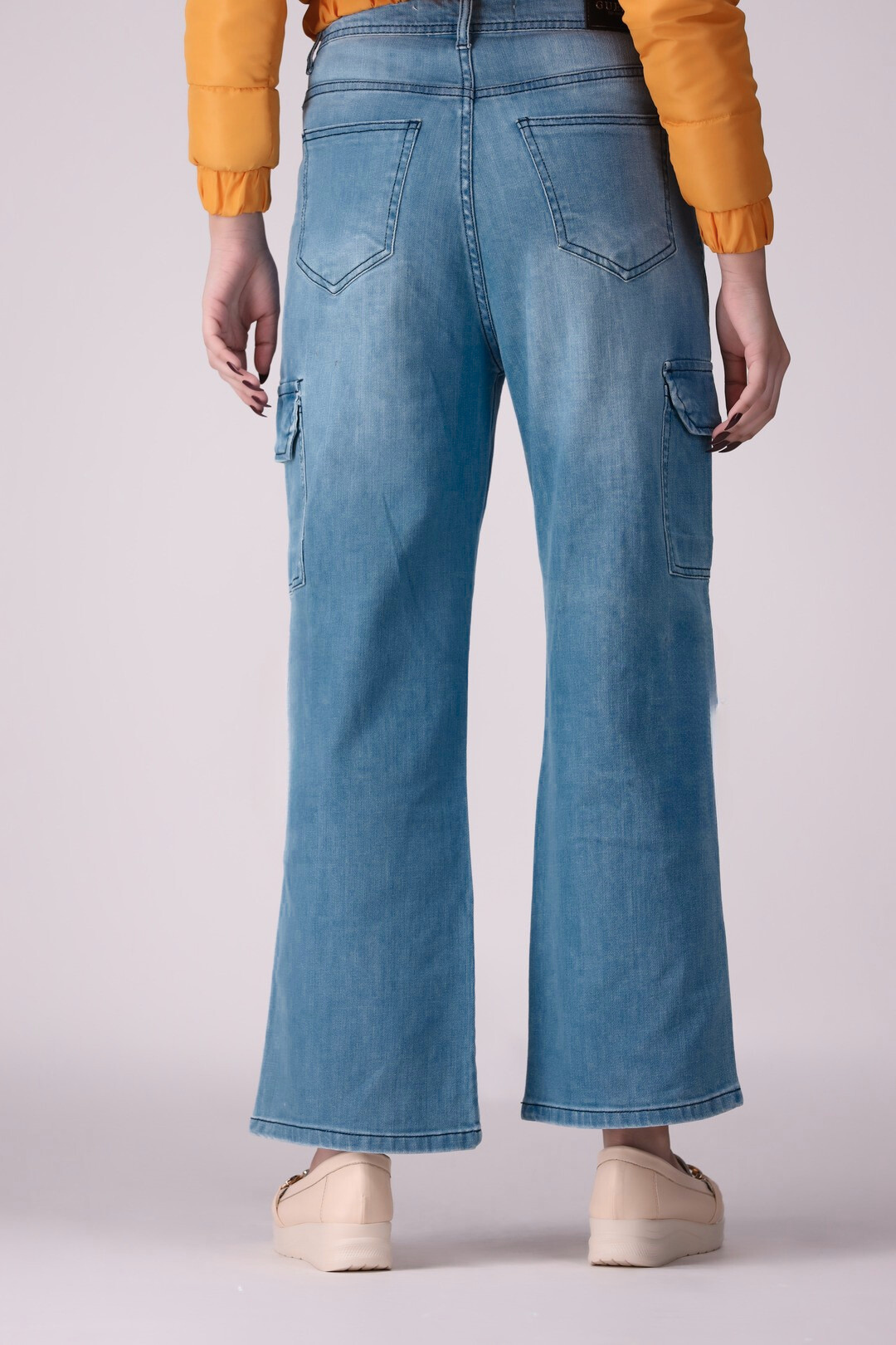 Mid Blue 6 Pockets Wide Leg / baggy Ladies Jeans, comfort stretch Denim