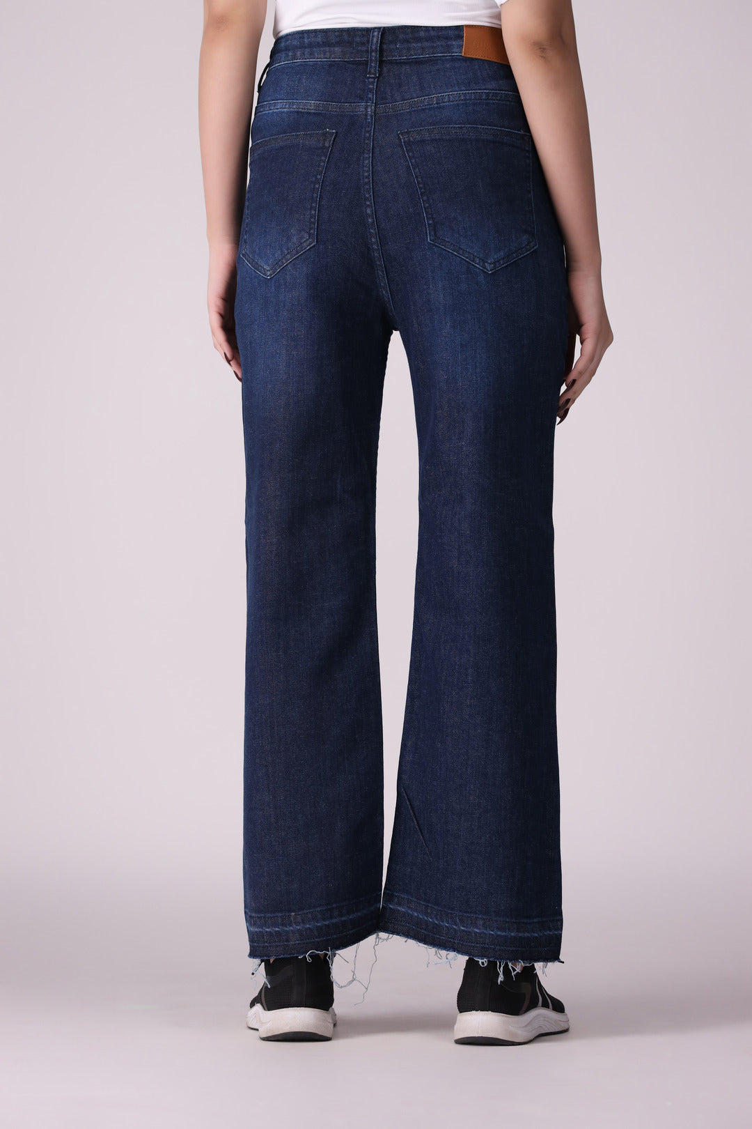 Dark Blue Wide Leg Open Bottom Ladies Jeans, comfort stretch Denim