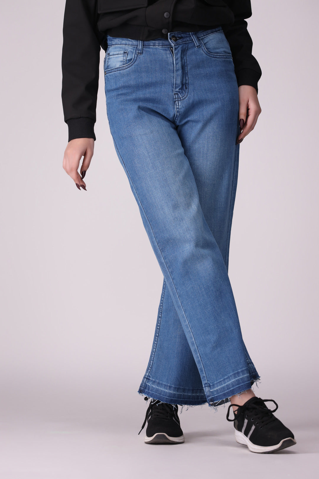 Mid Blue Wide Leg Open Bottom Ladies Jeans, comfort stretch Denim